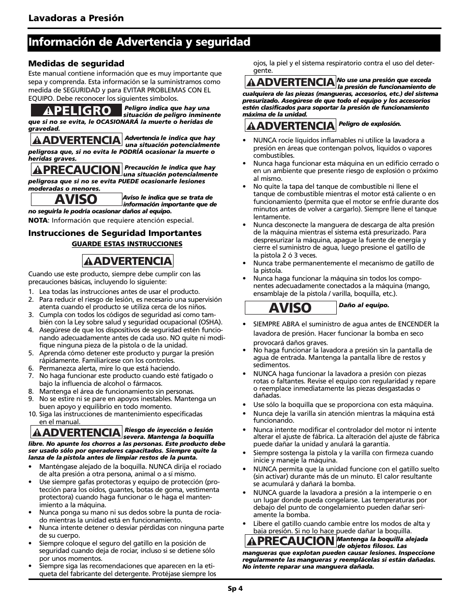 Aviso, Peligro, Precaucion | Advertencia, Información de advertencia y seguridad | Campbell Hausfeld PW2515 User Manual | Page 36 / 48