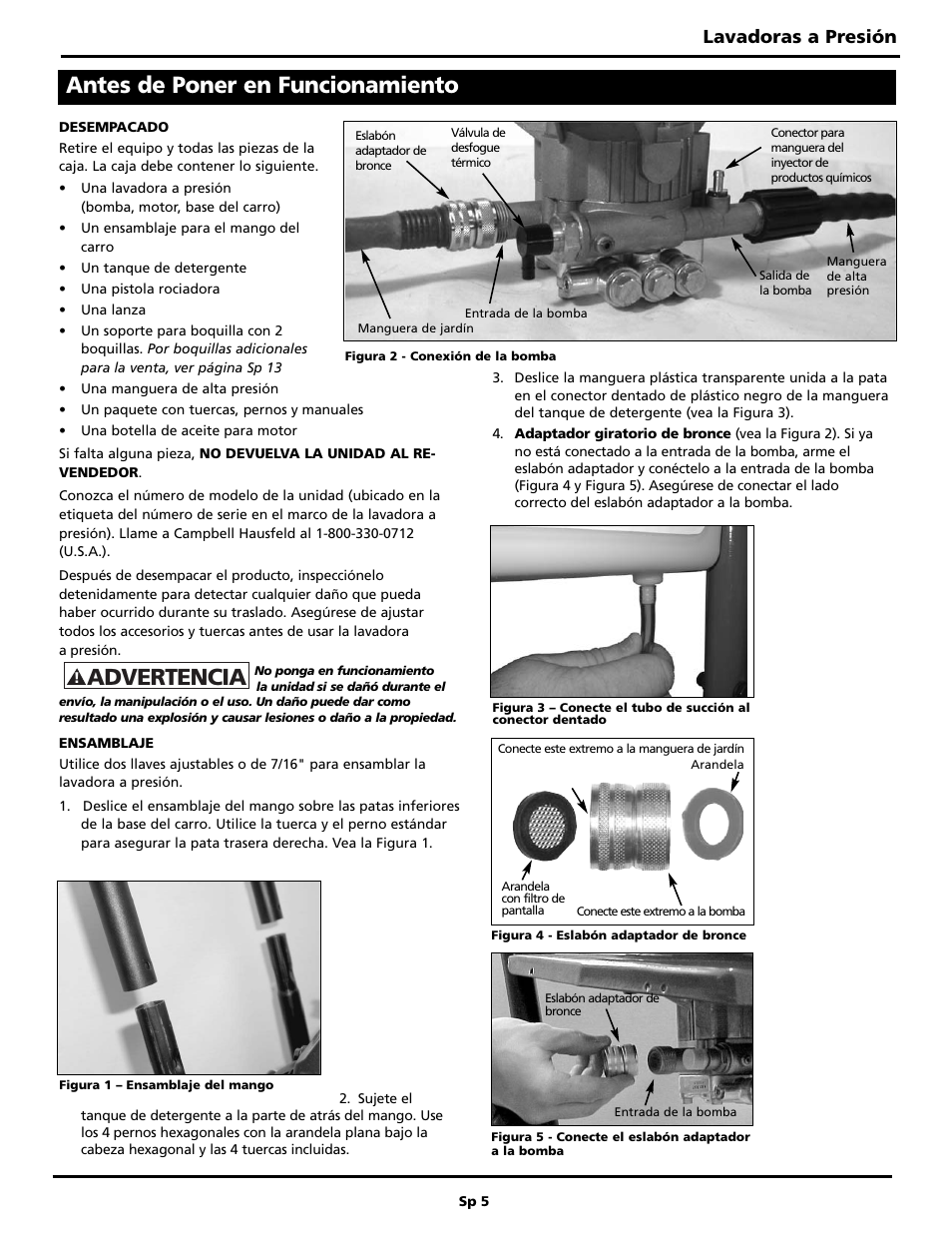 Advertencia, Antes de poner en funcionamiento, Lavadoras a presión | Campbell Hausfeld PW2515 User Manual | Page 37 / 48