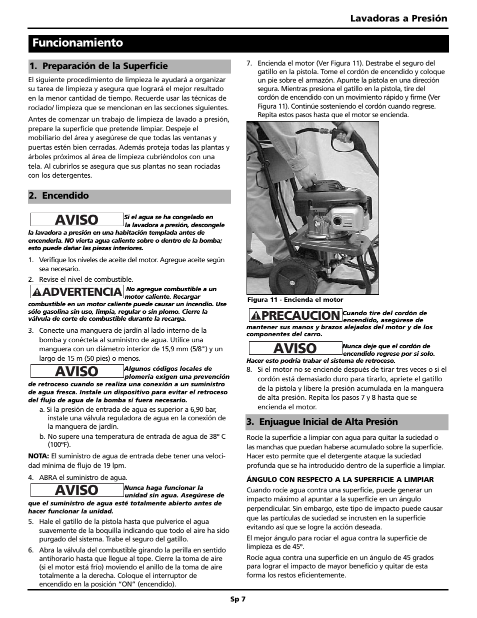 Aviso, Precaucion, Advertencia | Funcionamiento | Campbell Hausfeld PW2515 User Manual | Page 39 / 48