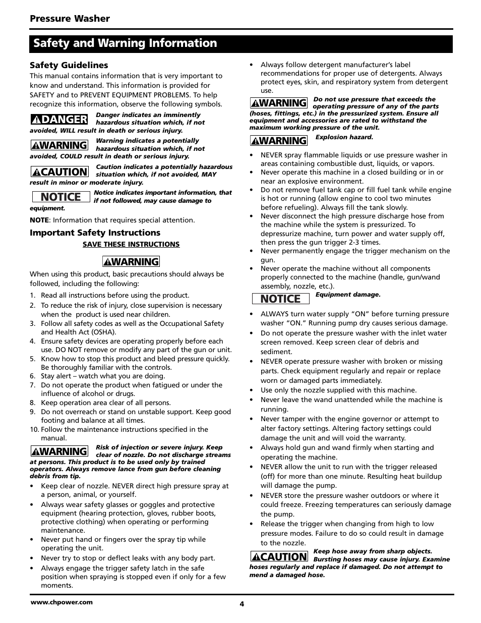 Safety and warning information, Notice, Caution | Danger, Warning, Pressure washer | Campbell Hausfeld PW2515 User Manual | Page 4 / 48
