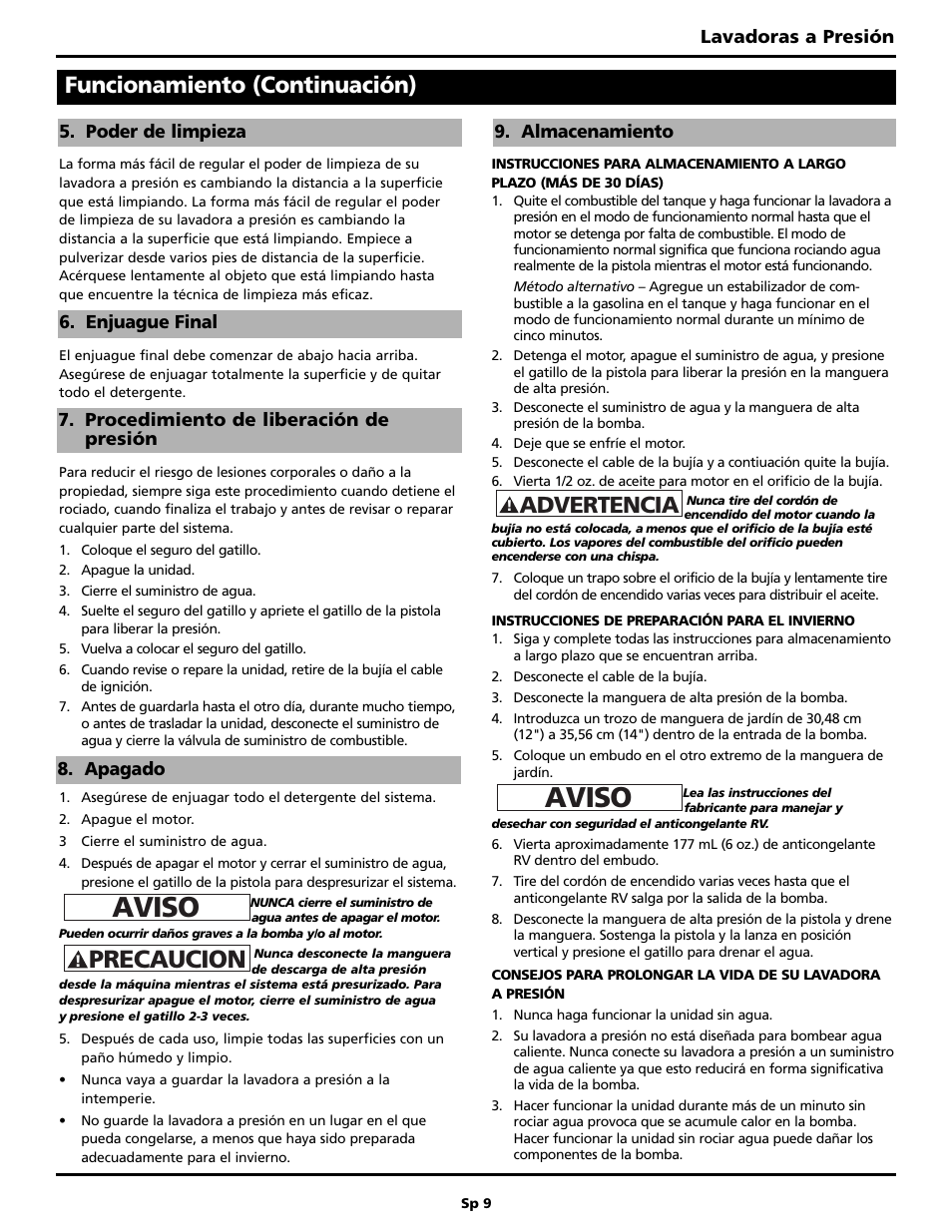 Aviso, Precaucion, Funcionamiento (continuación) | Advertencia | Campbell Hausfeld PW2515 User Manual | Page 41 / 48