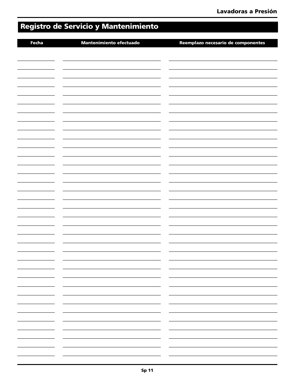 Registro de servicio y mantenimiento | Campbell Hausfeld PW2515 User Manual | Page 43 / 48