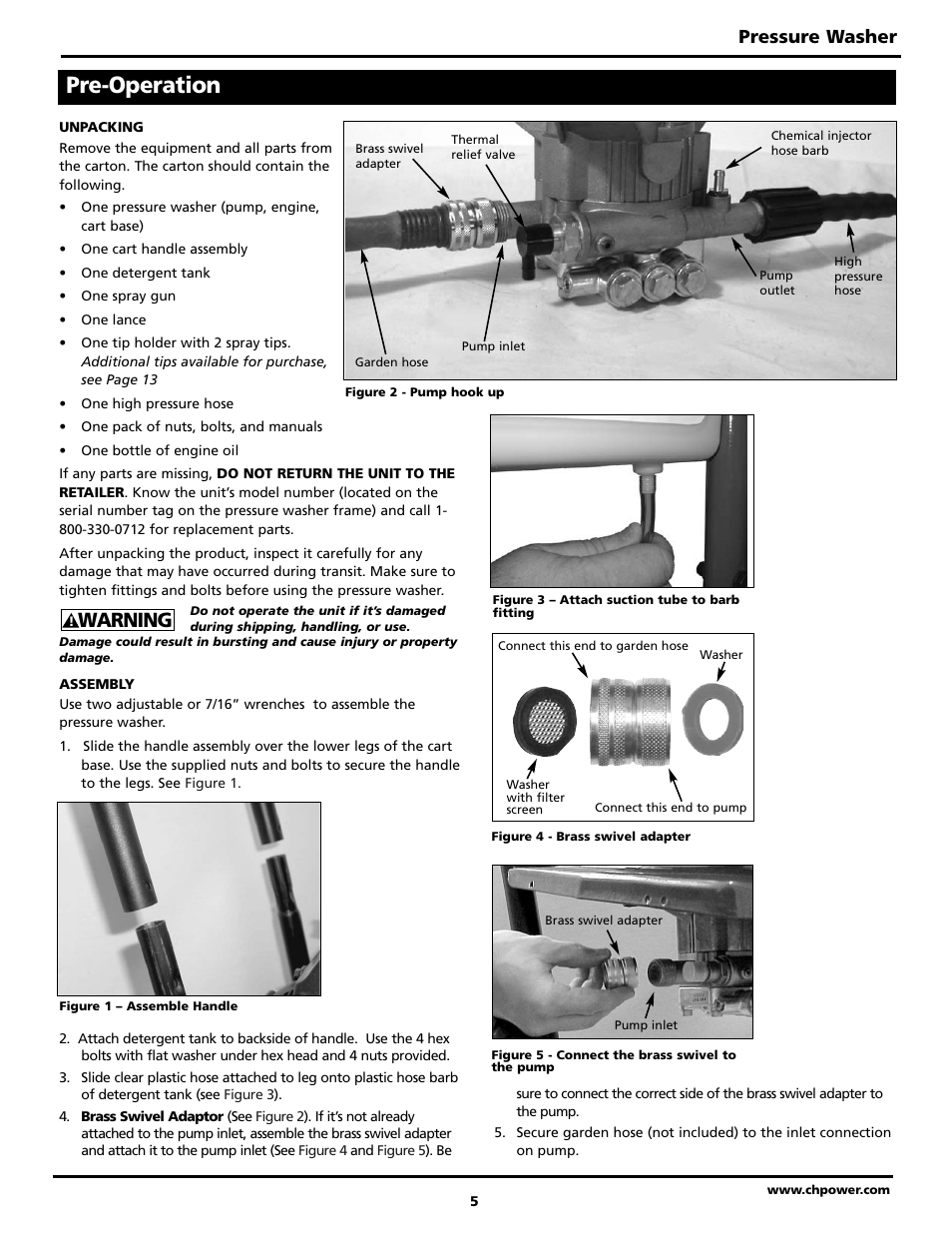 Pre-operation, Warning, Pressure washer | Campbell Hausfeld PW2515 User Manual | Page 5 / 48