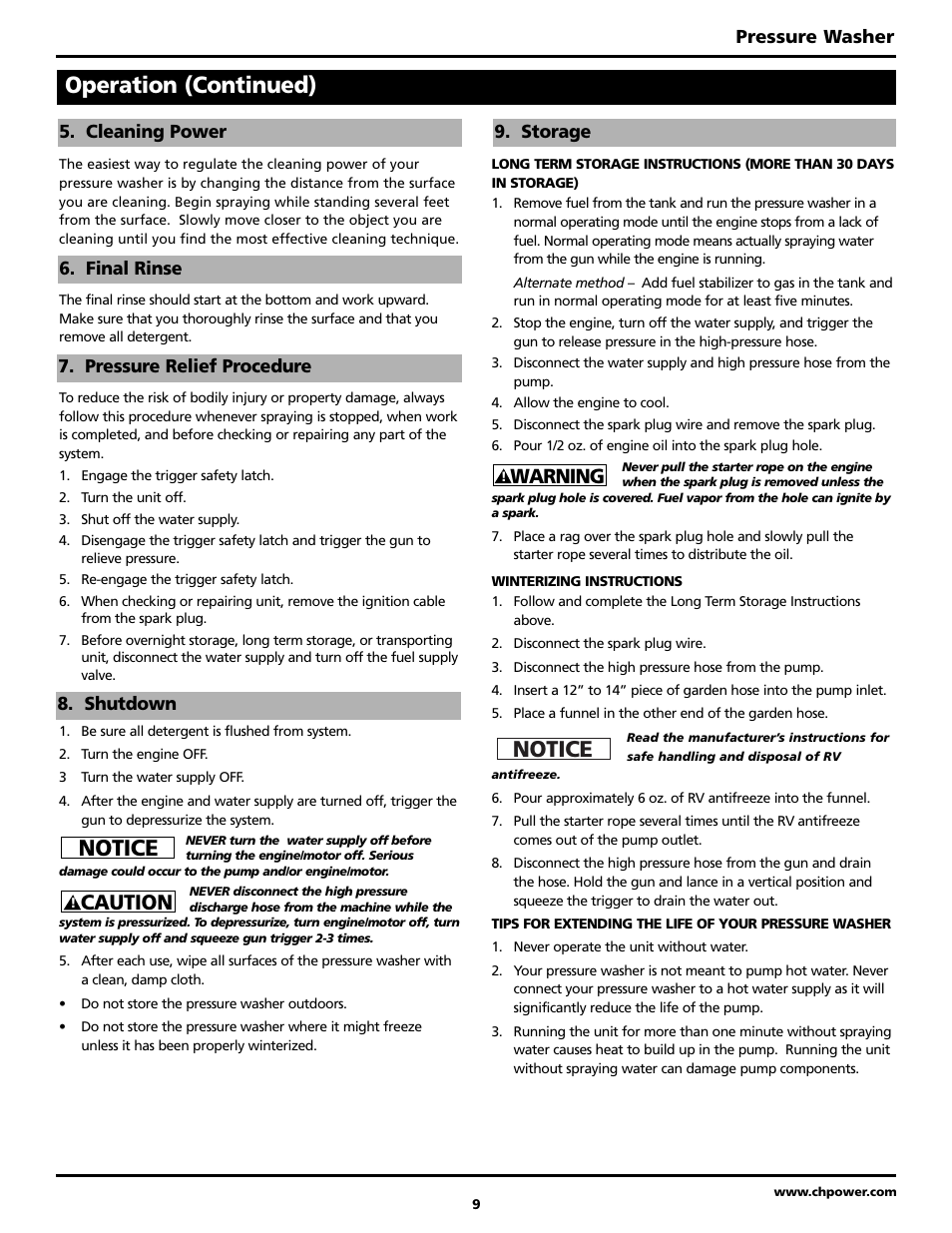 Operation (continued), Notice, Caution | Warning, Pressure washer | Campbell Hausfeld PW2515 User Manual | Page 9 / 48