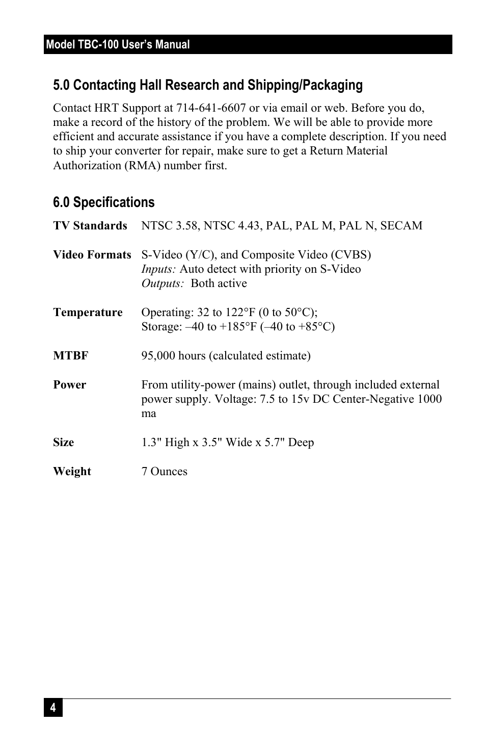 0 contacting hall research and shipping/packaging, 0 specifications | Hall Research TBC-100 User Manual | Page 4 / 4