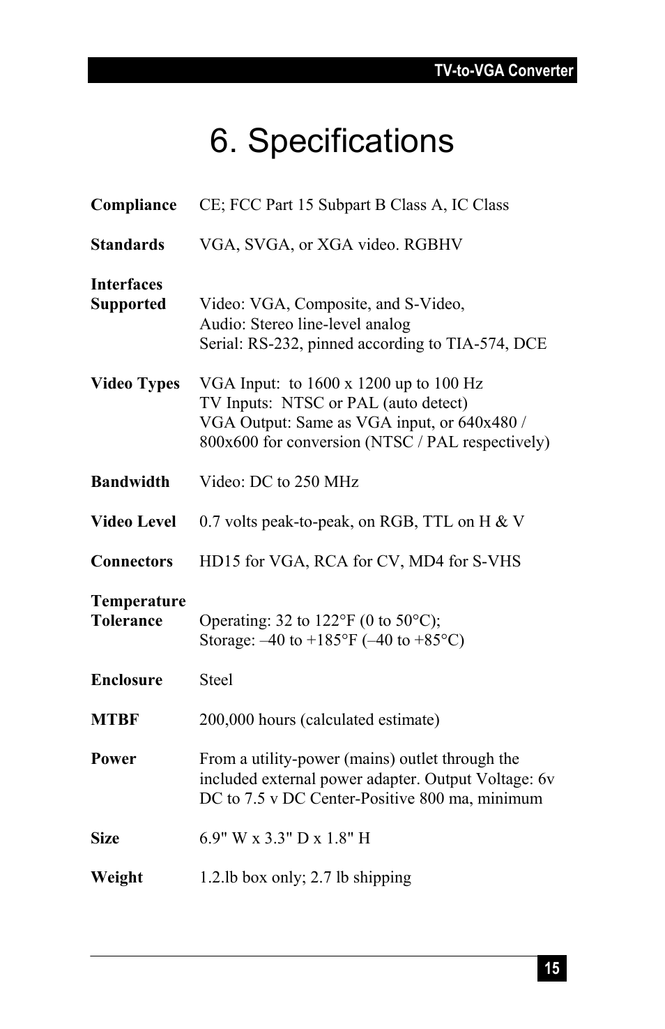 Specifications | Hall Research TVB-200PLUS User Manual | Page 17 / 20