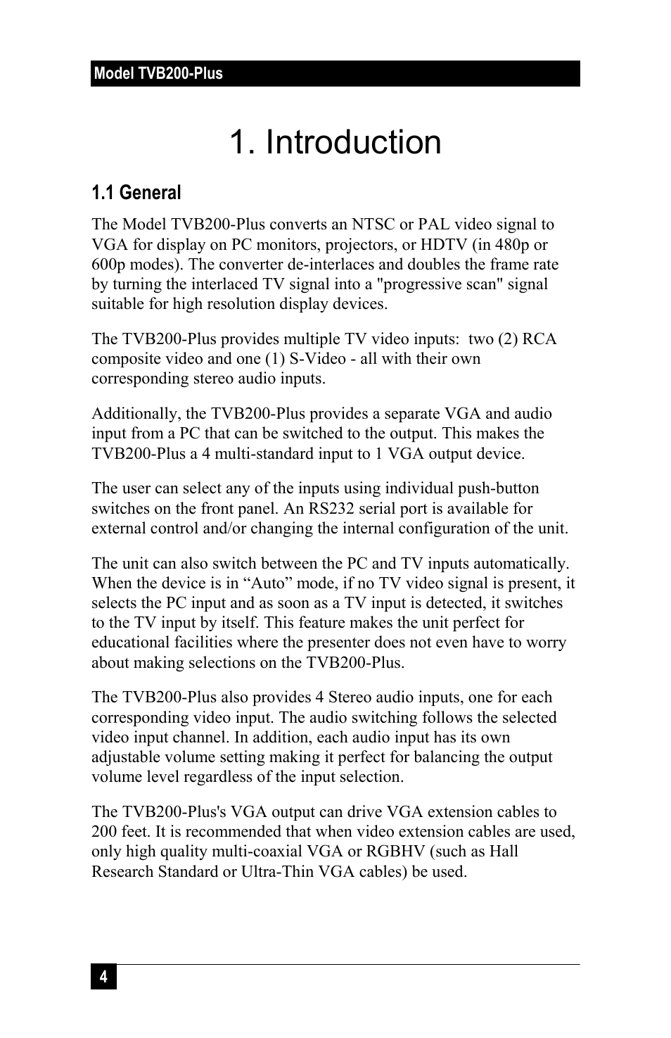 Introduction | Hall Research TVB-200PLUS User Manual | Page 6 / 20
