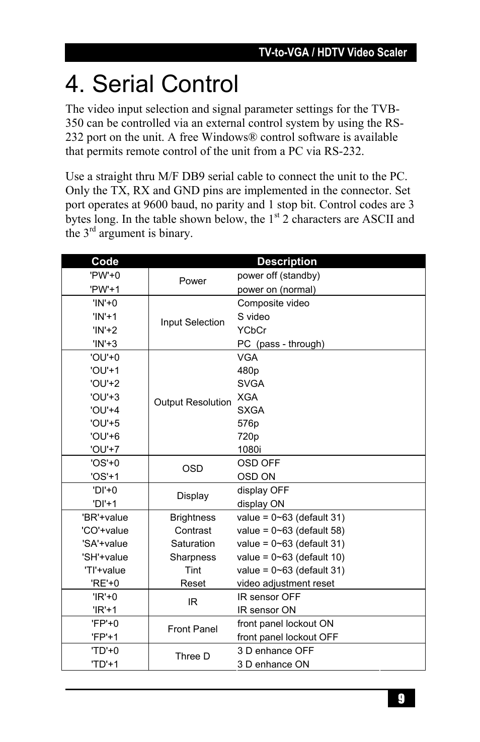 Serial control, Ss tv-to-vga / hdtv video scaler 9, 2 characters are ascii and the 3 | Argument is binary | Hall Research TVB-350 User Manual | Page 11 / 16