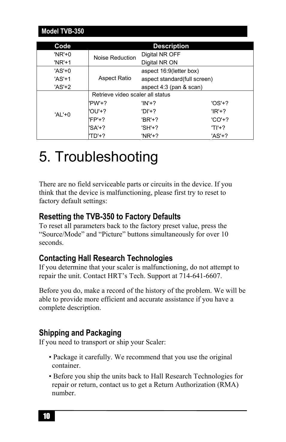 Troubleshooting, Resetting the tvb-350 to factory defaults, Contacting hall research technologies | Shipping and packaging | Hall Research TVB-350 User Manual | Page 12 / 16