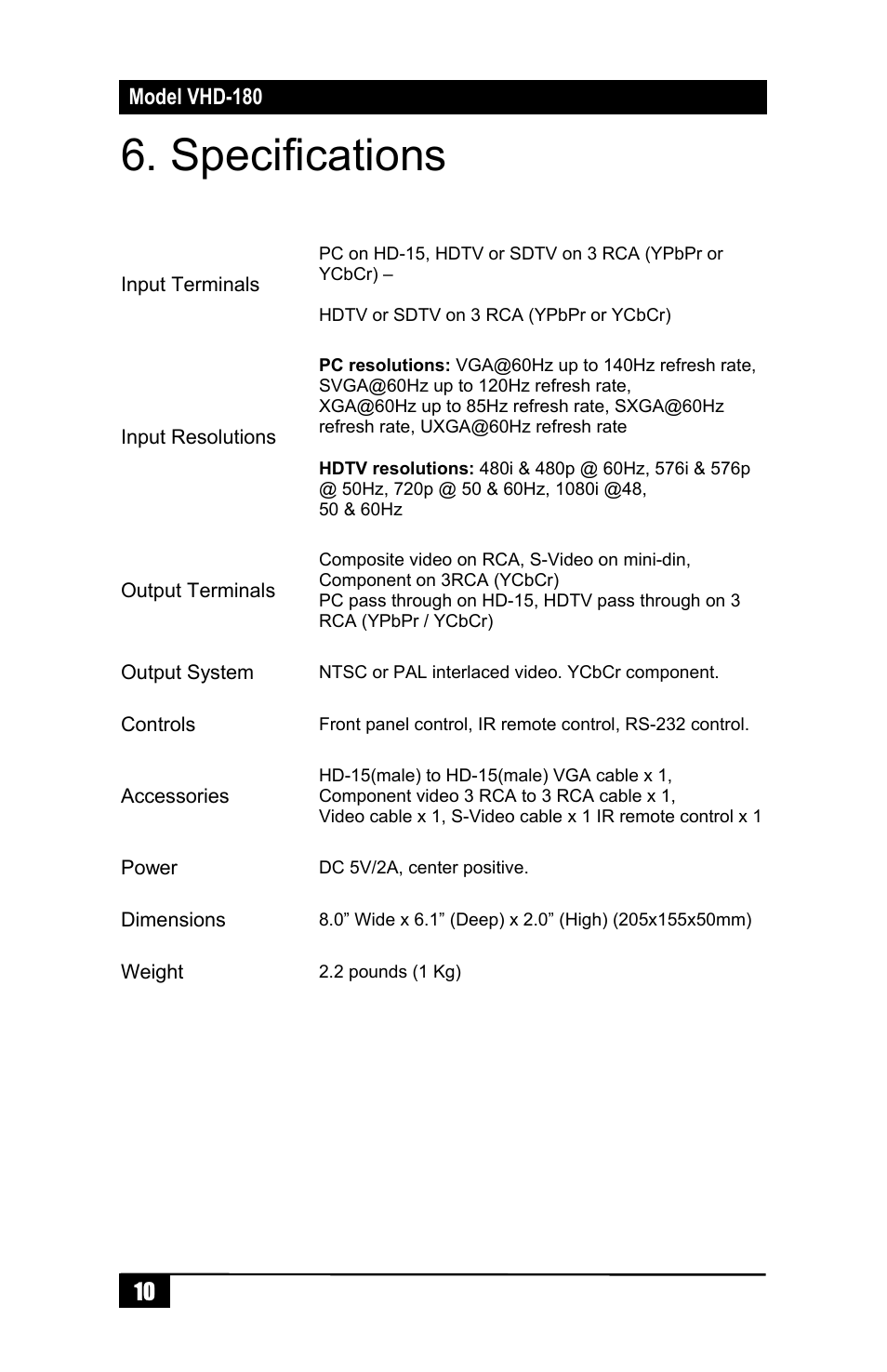 Specifications | Hall Research VHD-180 User Manual | Page 12 / 16