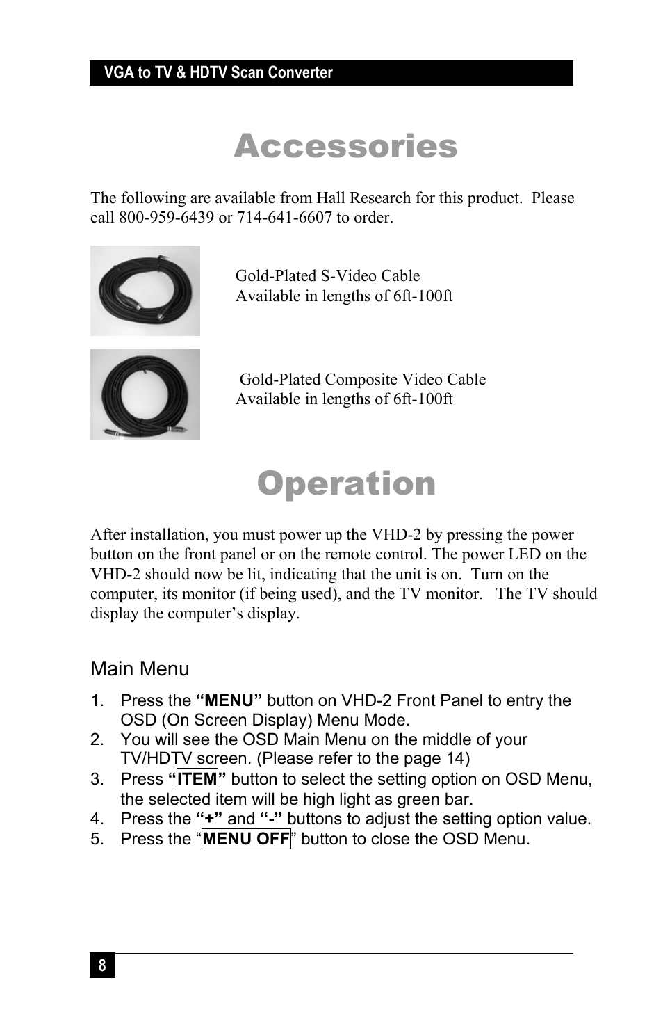 Accessories, Operation | Hall Research VHD-2 User Manual | Page 11 / 20