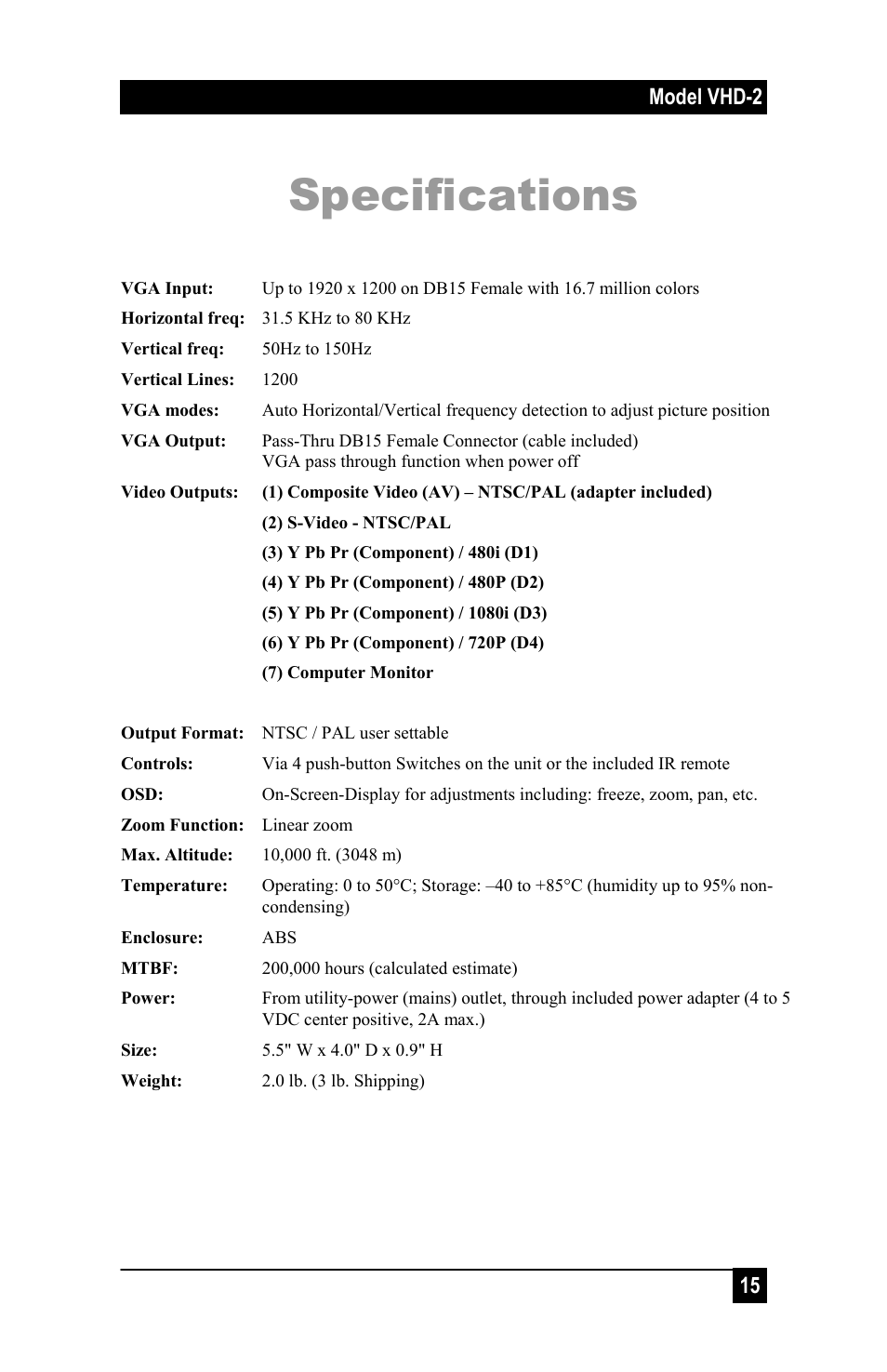 Specifications, Model vhd-2 15 | Hall Research VHD-2 User Manual | Page 18 / 20