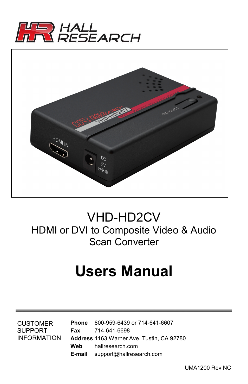 Hall Research VHD-HD2CV User Manual | 12 pages