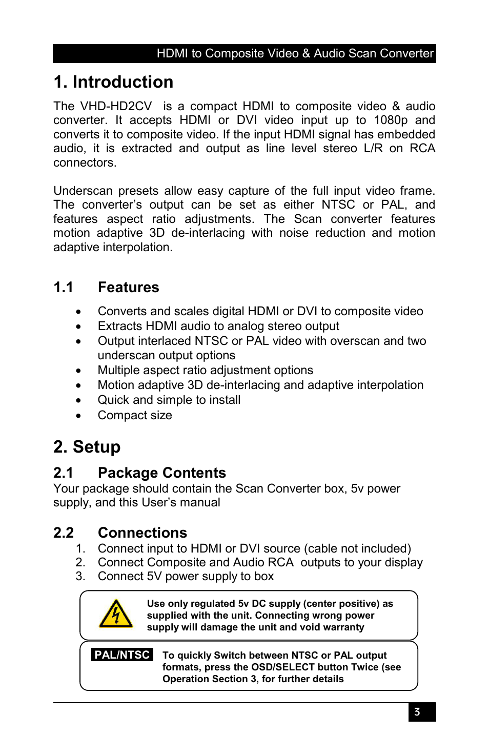 Introduction, Features, Setup | Package contents, Connections, 1 features, 1 package contents, 2 connections | Hall Research VHD-HD2CV User Manual | Page 5 / 12