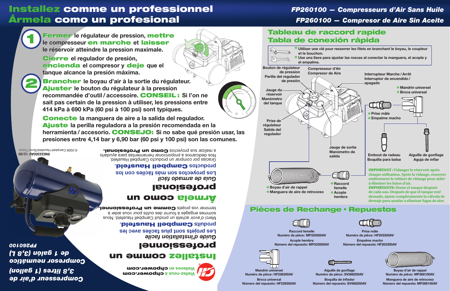 Installez comme un professionnel, Ármela como un profesional, Guide d’installation facile | Guía de armado fácil | Campbell Hausfeld IN633300AV User Manual | Page 2 / 2