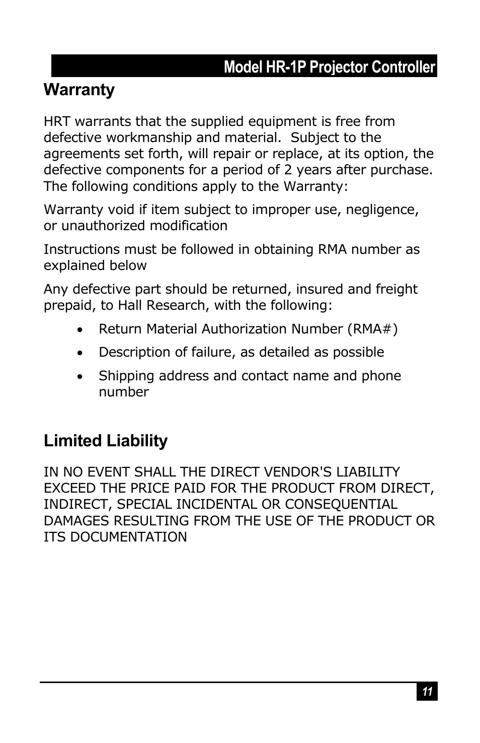 Model hr-1p projector controller warranty, Limited liability | Hall Research HR-1P User Manual | Page 11 / 12