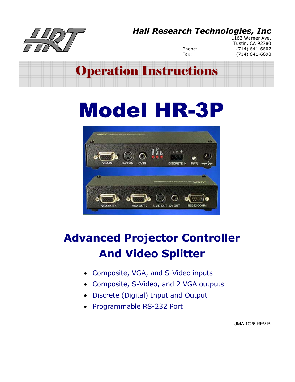 Hall Research HR-3P User Manual | 12 pages