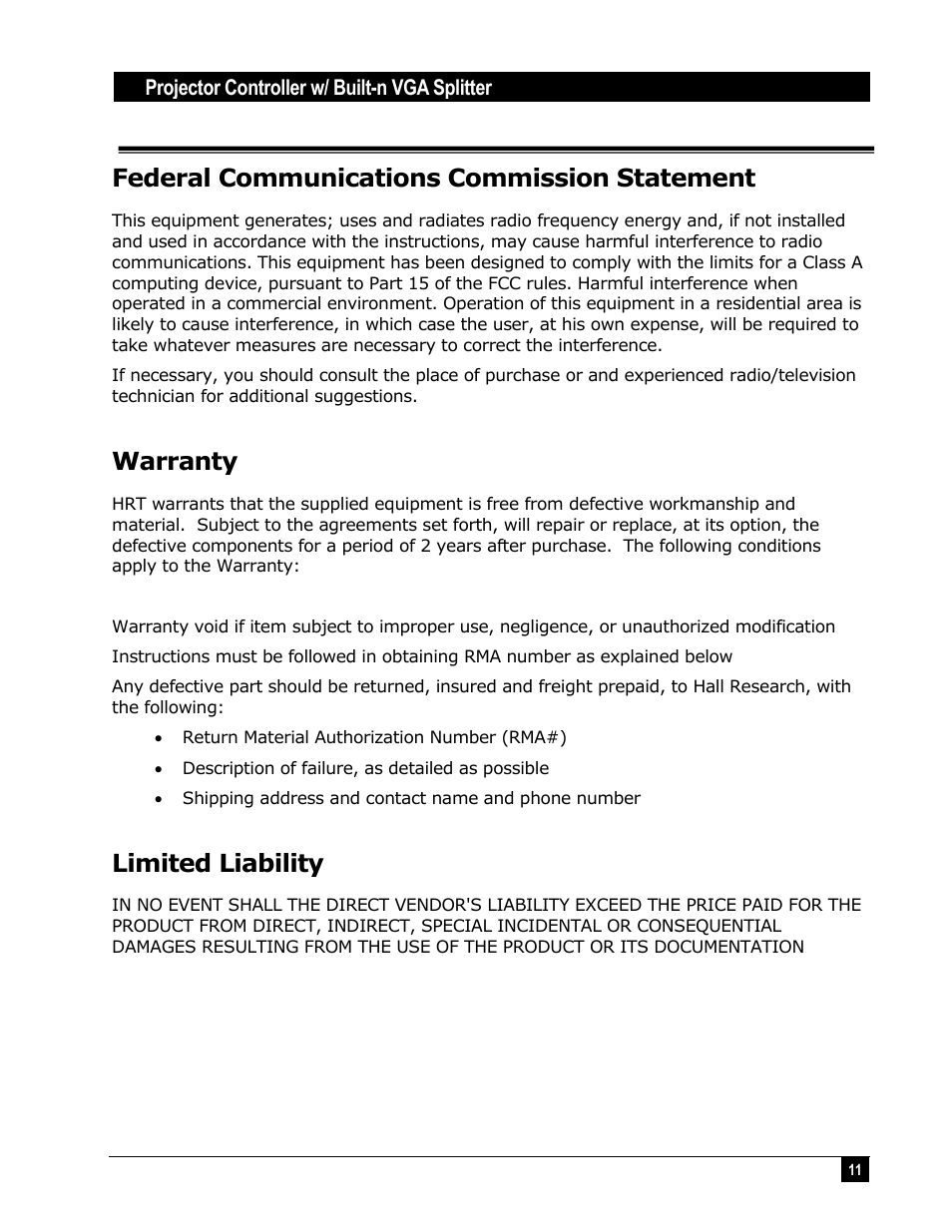 Federal communications commission statement, Warranty, Limited liability | Hall Research HR-3P User Manual | Page 11 / 12