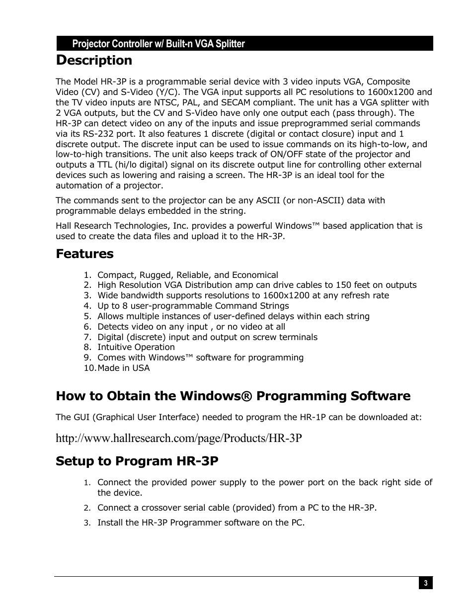 Escription, Features, How to obtain the windows® programming software | Hall Research HR-3P User Manual | Page 3 / 12