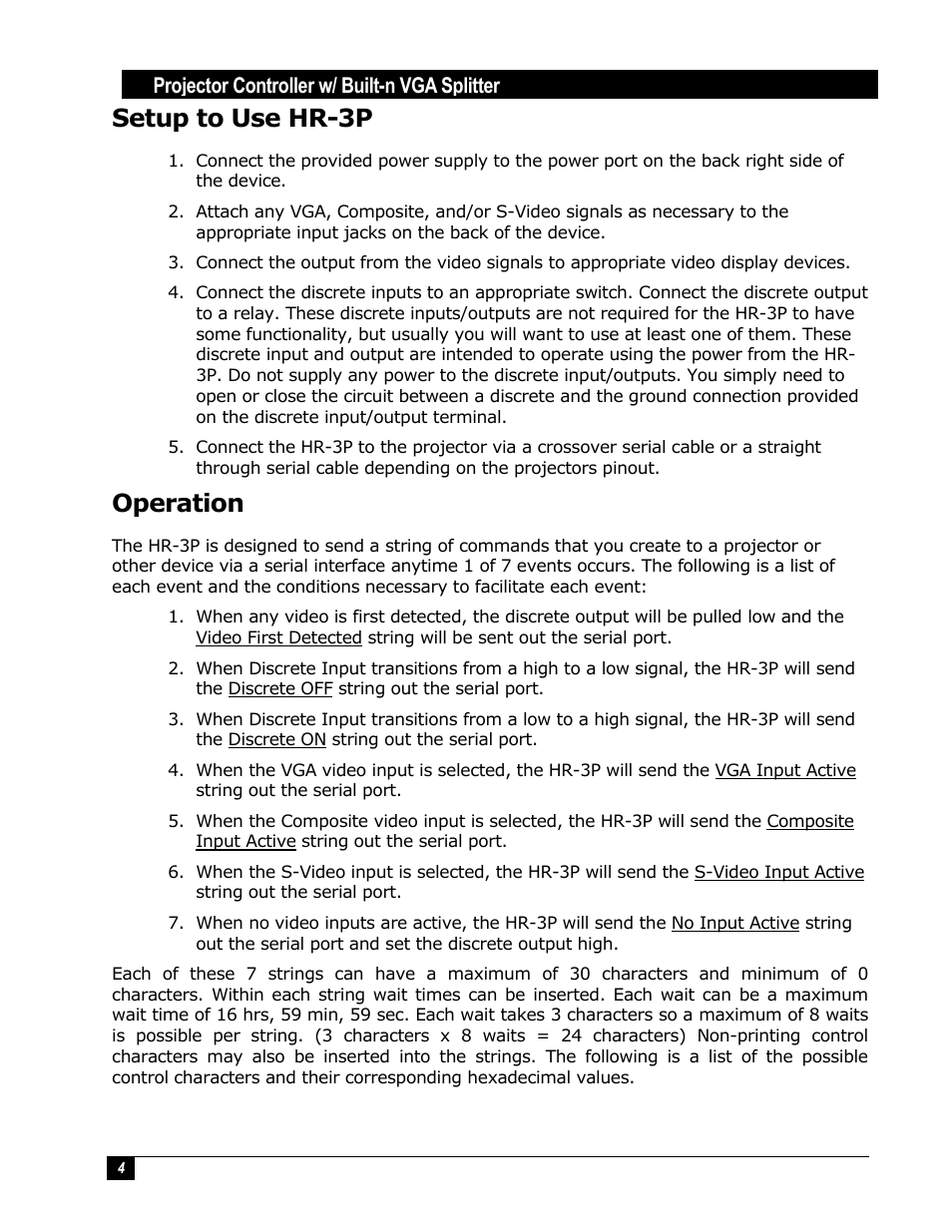 Setup to use hr-3p, Operation, Projector controller w/ built-n vga splitter | Hall Research HR-3P User Manual | Page 4 / 12