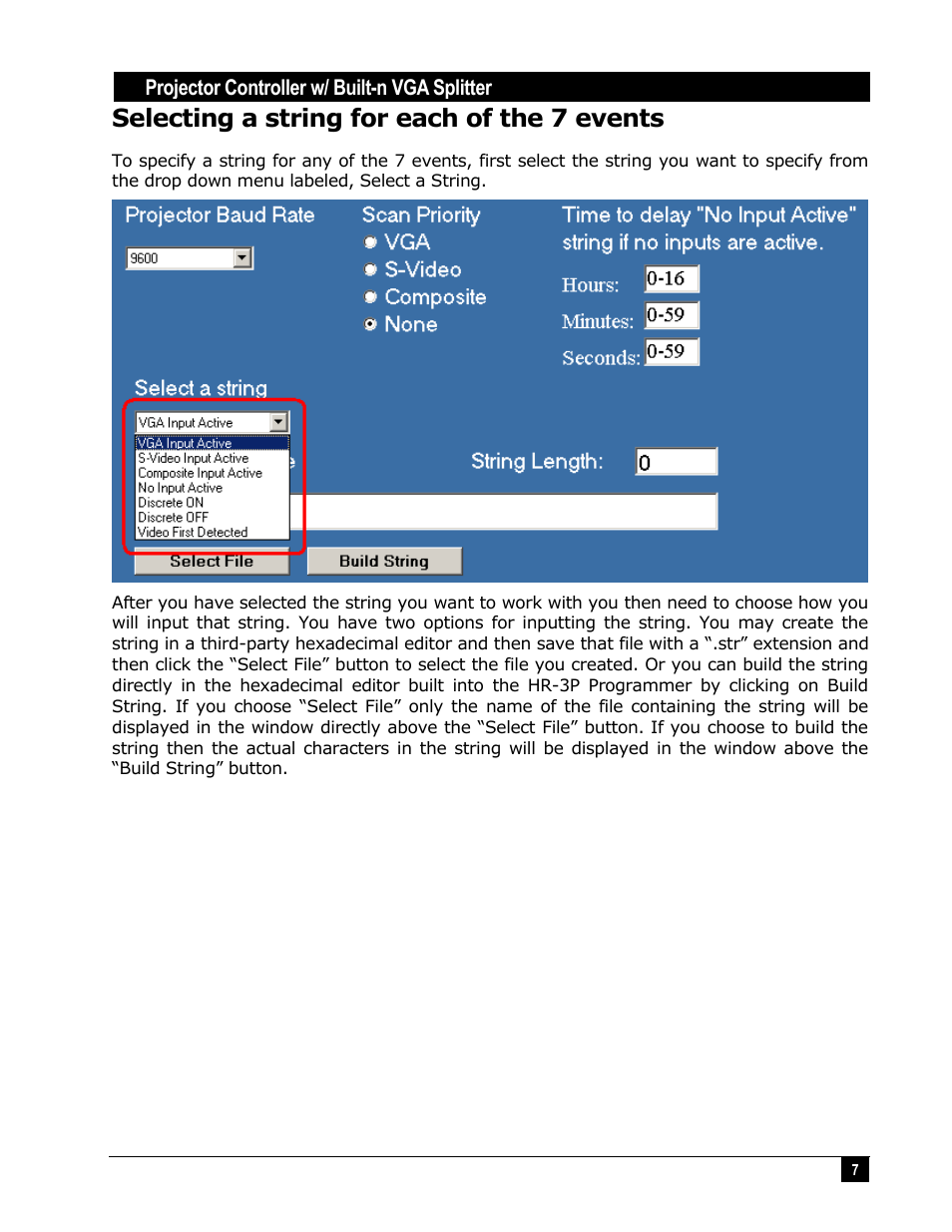 Selecting a string for each of the 7 events, Projector controller w/ built-n vga splitter | Hall Research HR-3P User Manual | Page 7 / 12