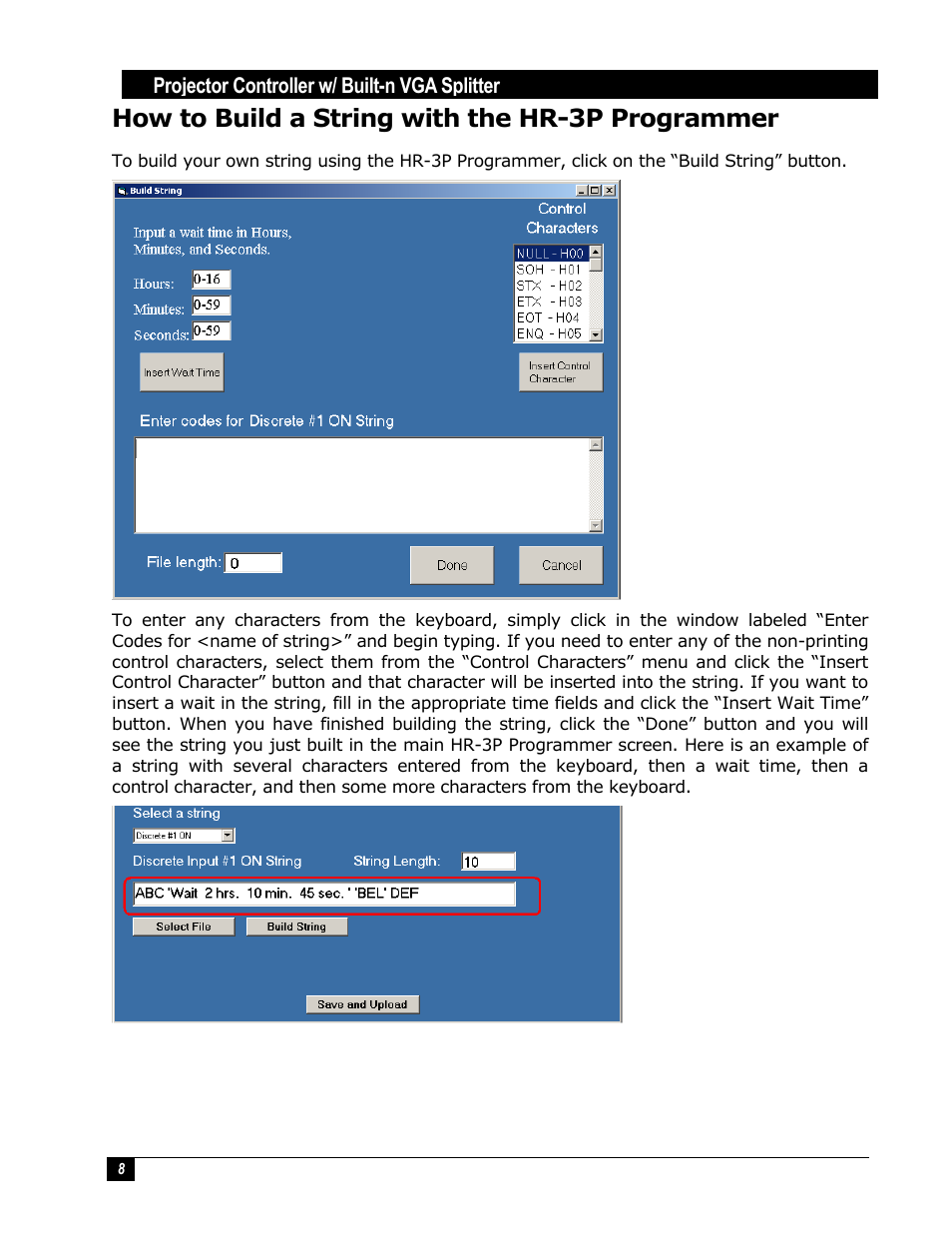How to build a string with the hr-3p programmer, Projector controller w/ built-n vga splitter | Hall Research HR-3P User Manual | Page 8 / 12