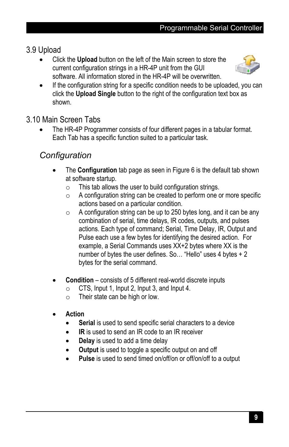 9 upload, 10 main screen tabs, Configuration | Hall Research HR-4P User Manual | Page 11 / 24