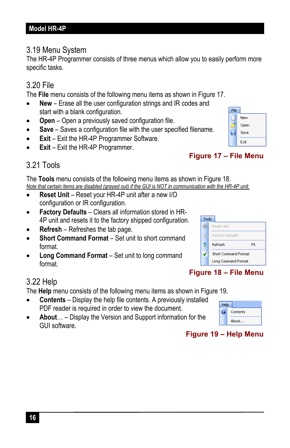 19 menu system, 20 file, 21 tools | 22 help | Hall Research HR-4P User Manual | Page 18 / 24