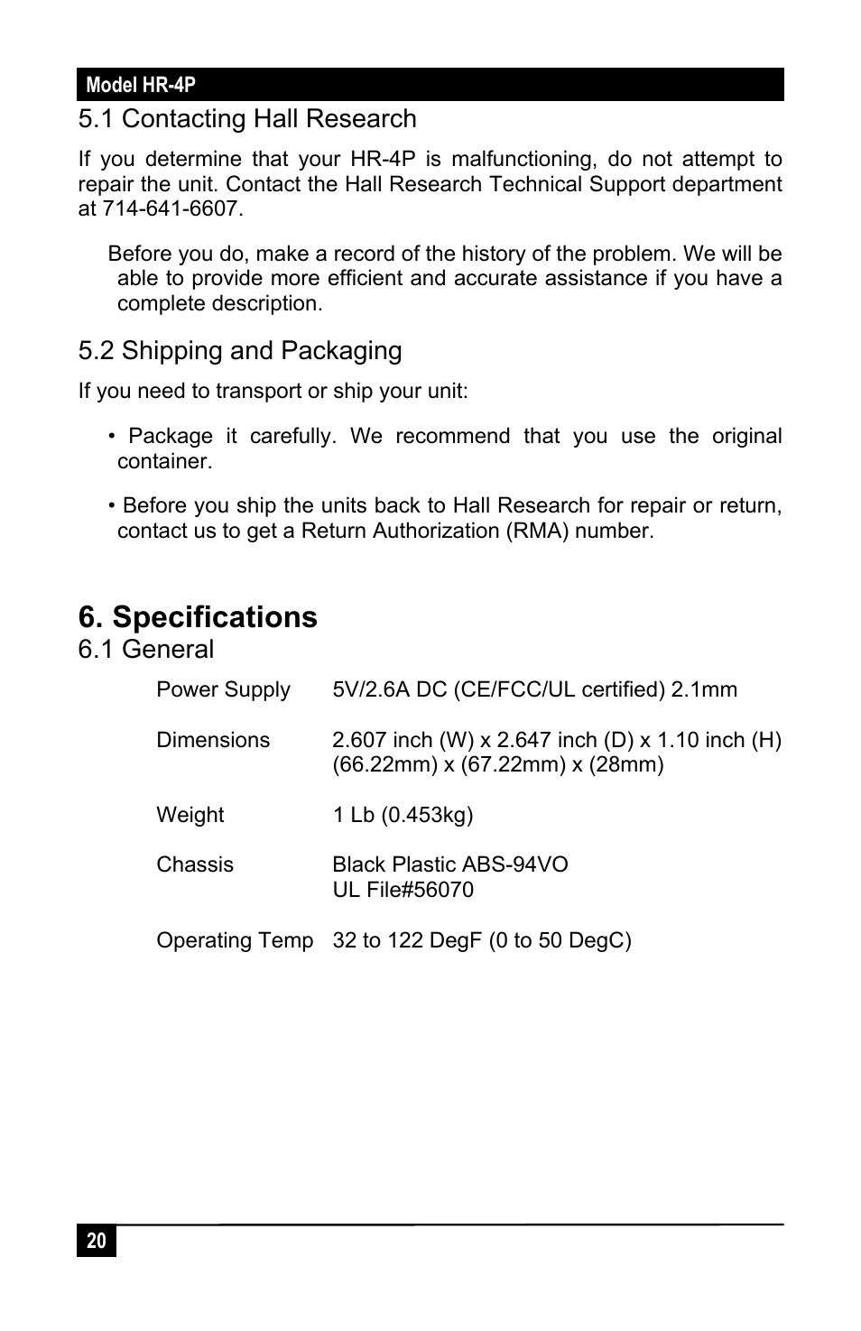 Specifications | Hall Research HR-4P User Manual | Page 22 / 24