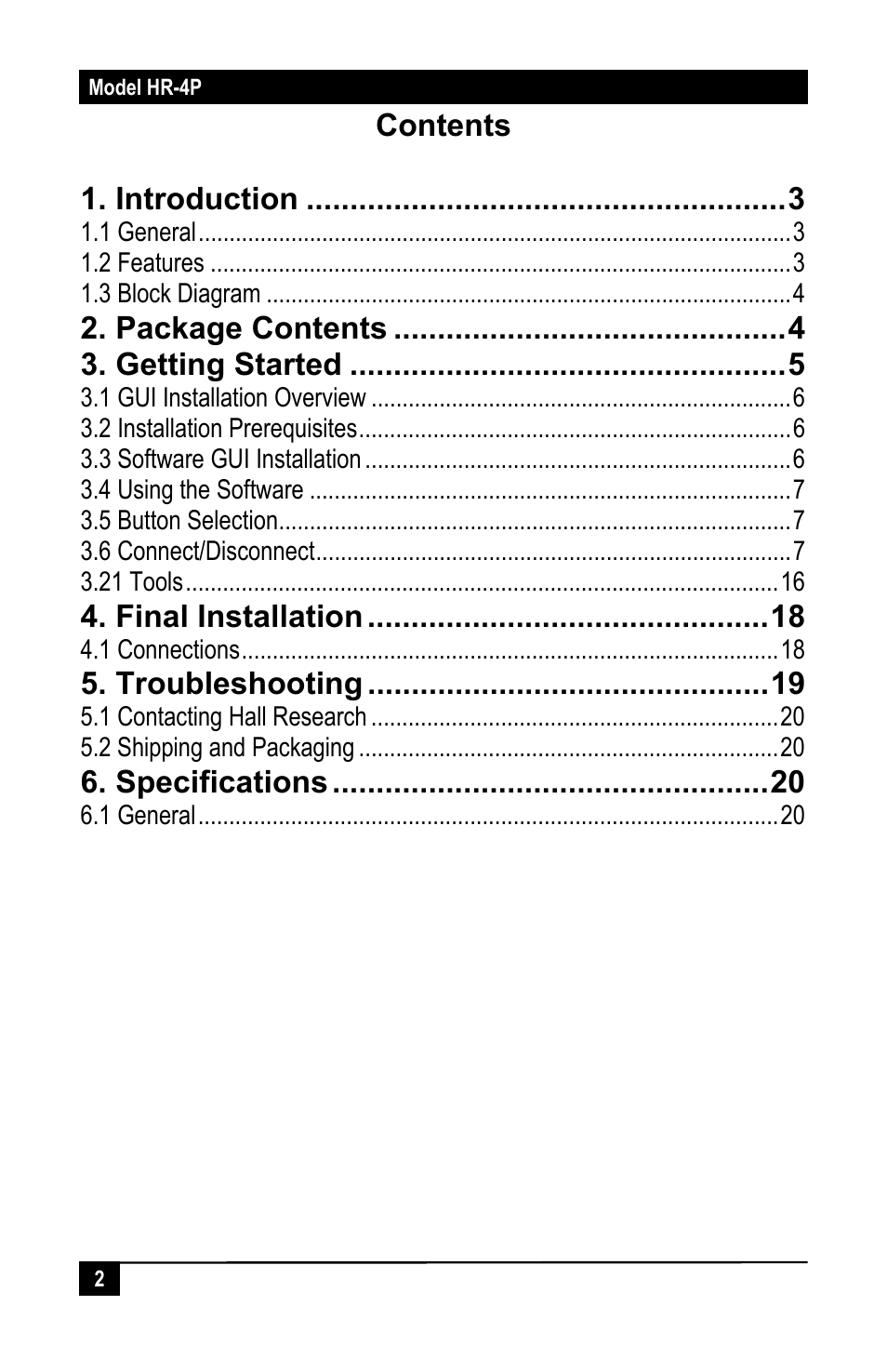 Contents 1. introduction, Package contents, Getting started | Final installation, Troubleshooting, Specifications | Hall Research HR-4P User Manual | Page 4 / 24