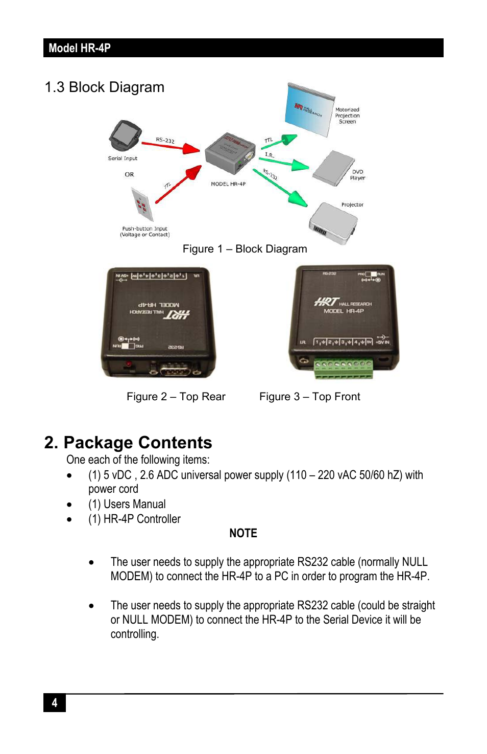 Package contents, 3 block diagram | Hall Research HR-4P User Manual | Page 6 / 24