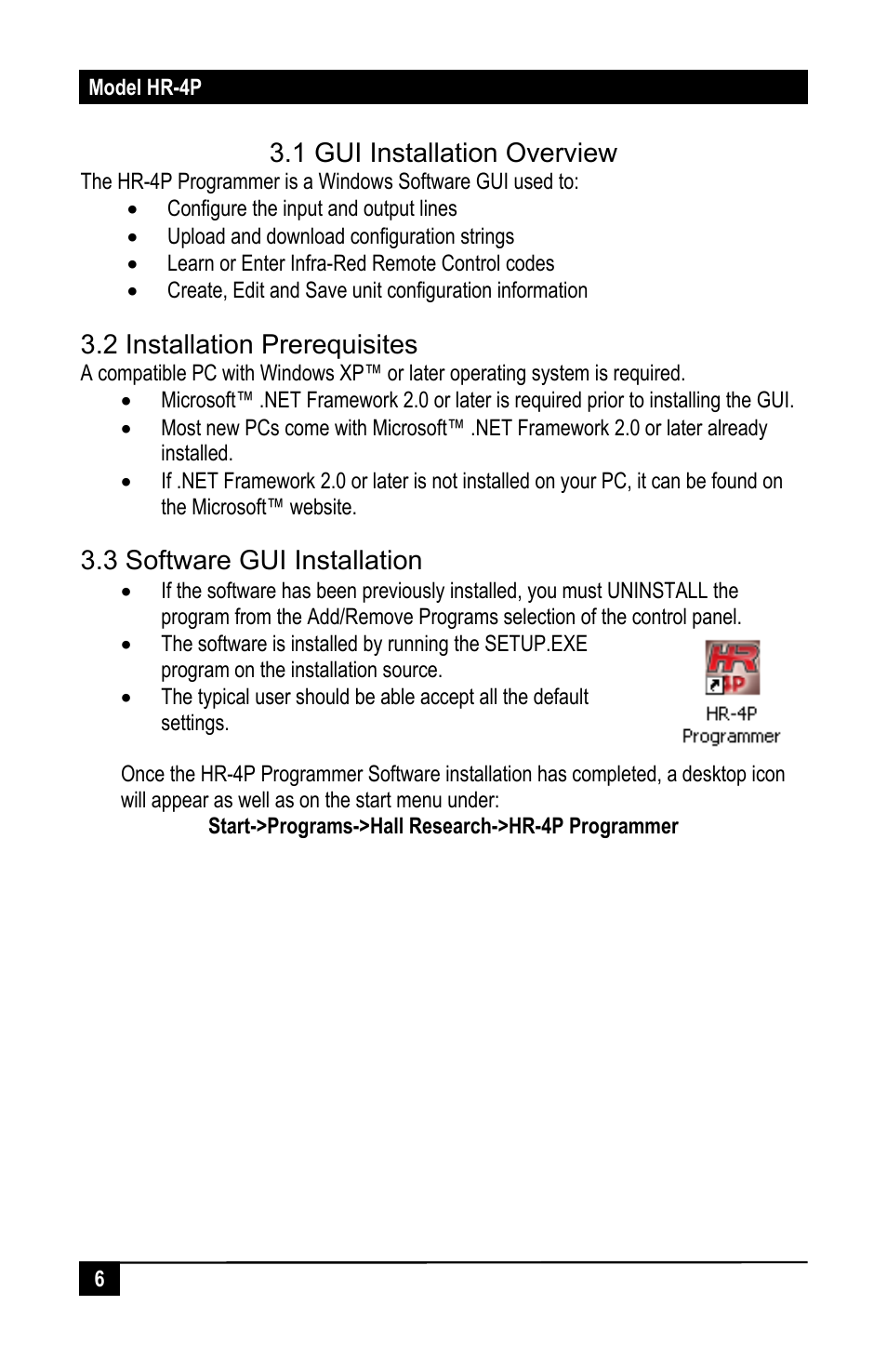 1 gui installation overview, 2 installation prerequisites, 3 software gui installation | Hall Research HR-4P User Manual | Page 8 / 24