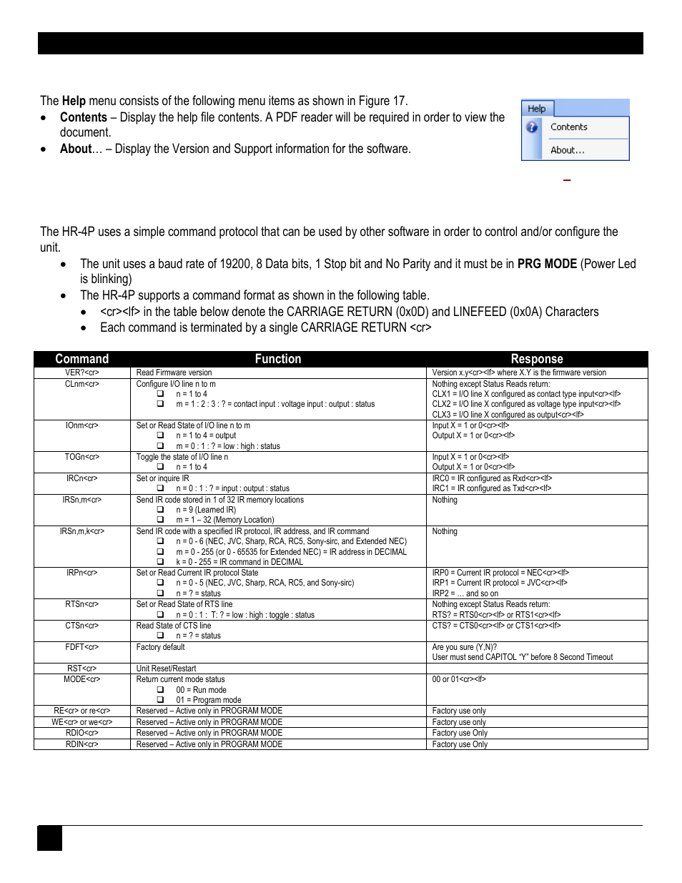 Rs232 command summary, Model hr-4p programmer, Help | Hall Research HR-4P User Manual | Page 14 / 15