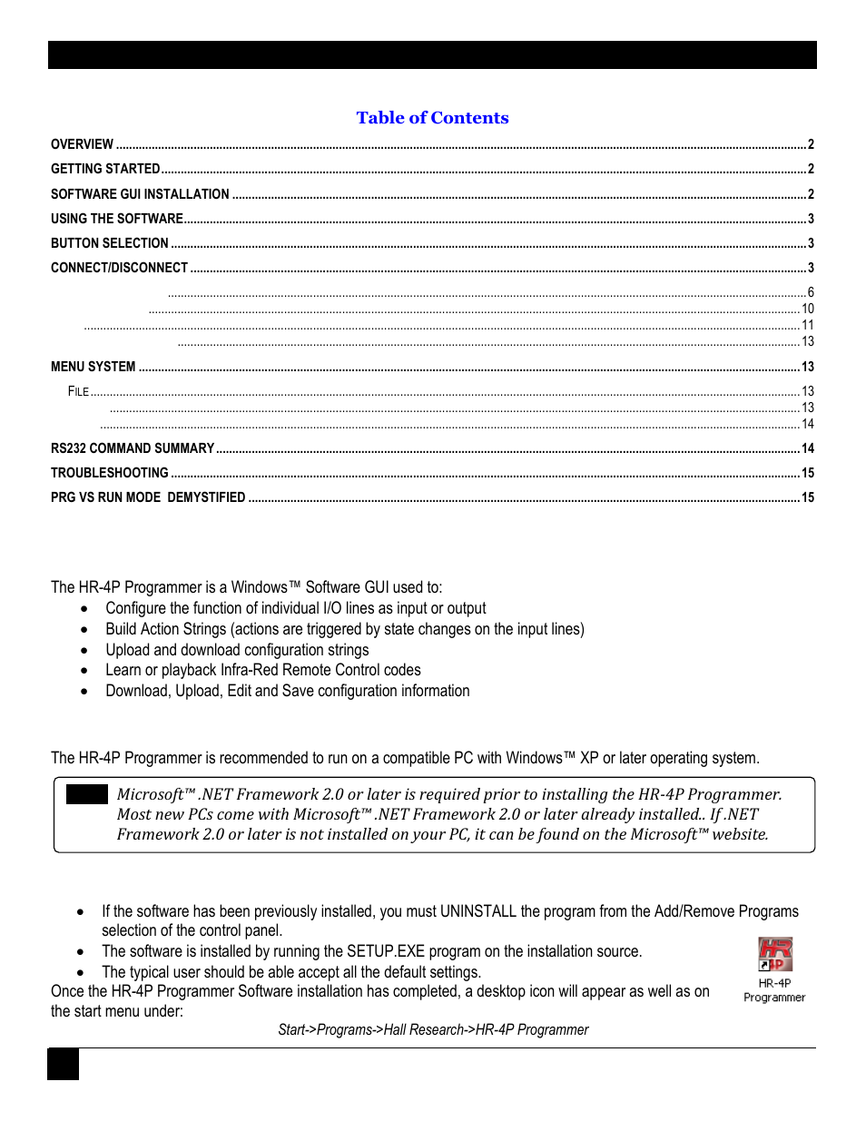 Overview, Getting started, Software gui installation | Model hr-4p programmer | Hall Research HR-4P User Manual | Page 2 / 15