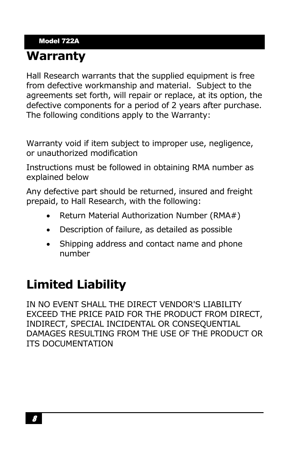 Warranty, Limited liability | Hall Research HR-722A User Manual | Page 10 / 12