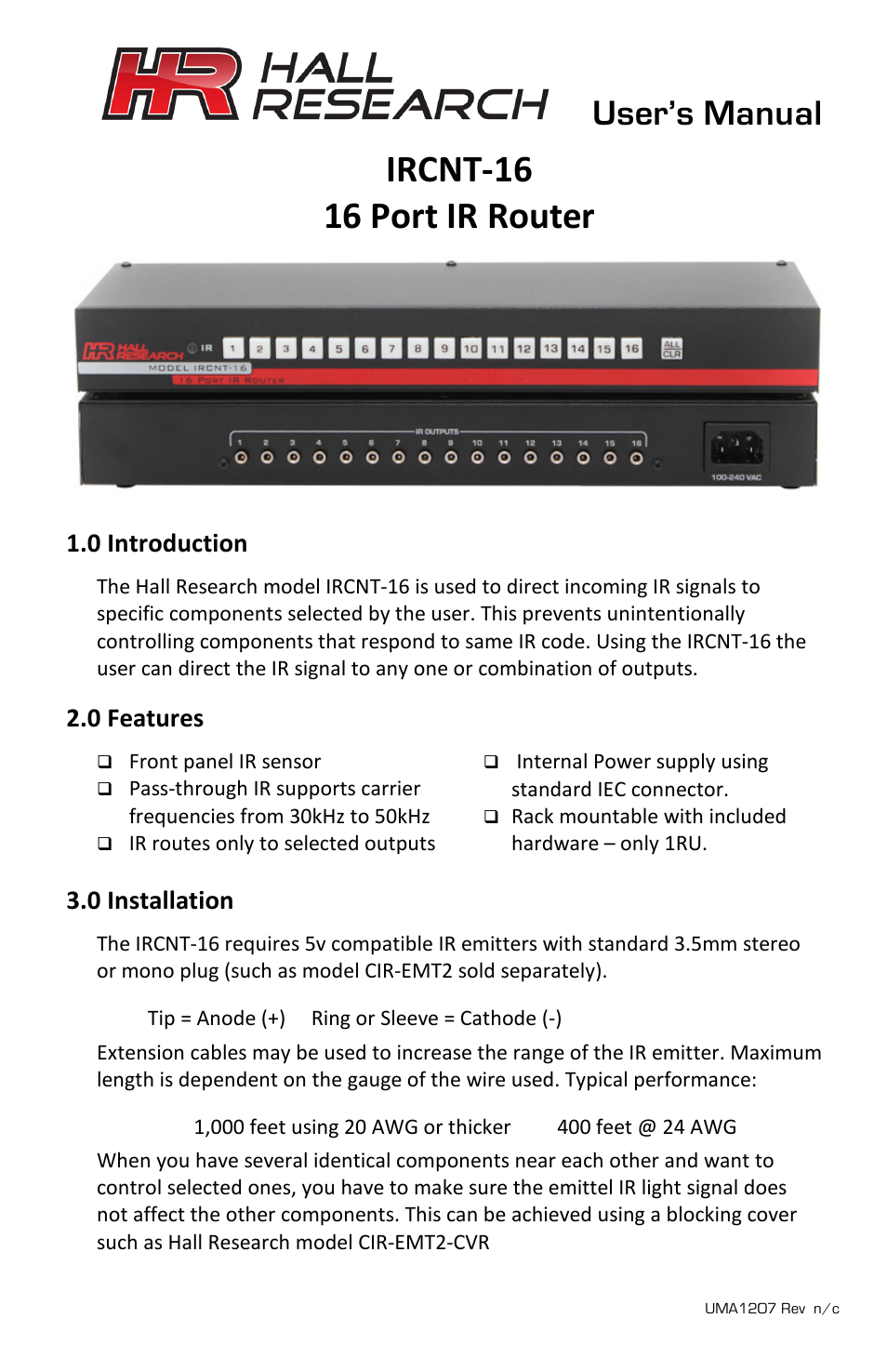 Hall Research IRCNT-16 User Manual | 2 pages