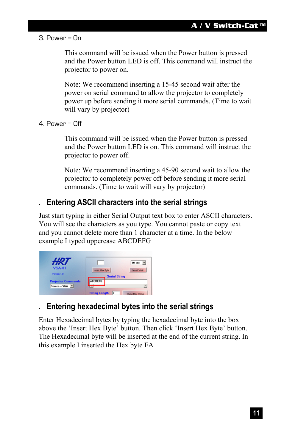 Entering ascii characters into the serial strings, Entering hexadecimal bytes into the serial strings | Hall Research VSA-31 User Manual | Page 11 / 16