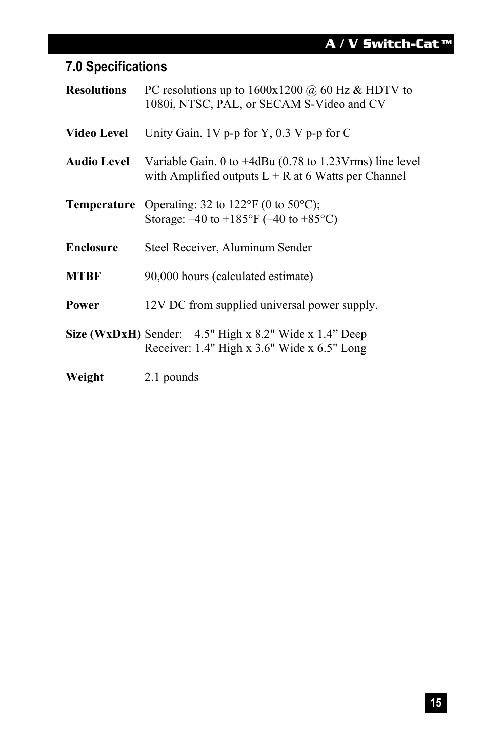 0 specifications | Hall Research VSA-31 User Manual | Page 15 / 16