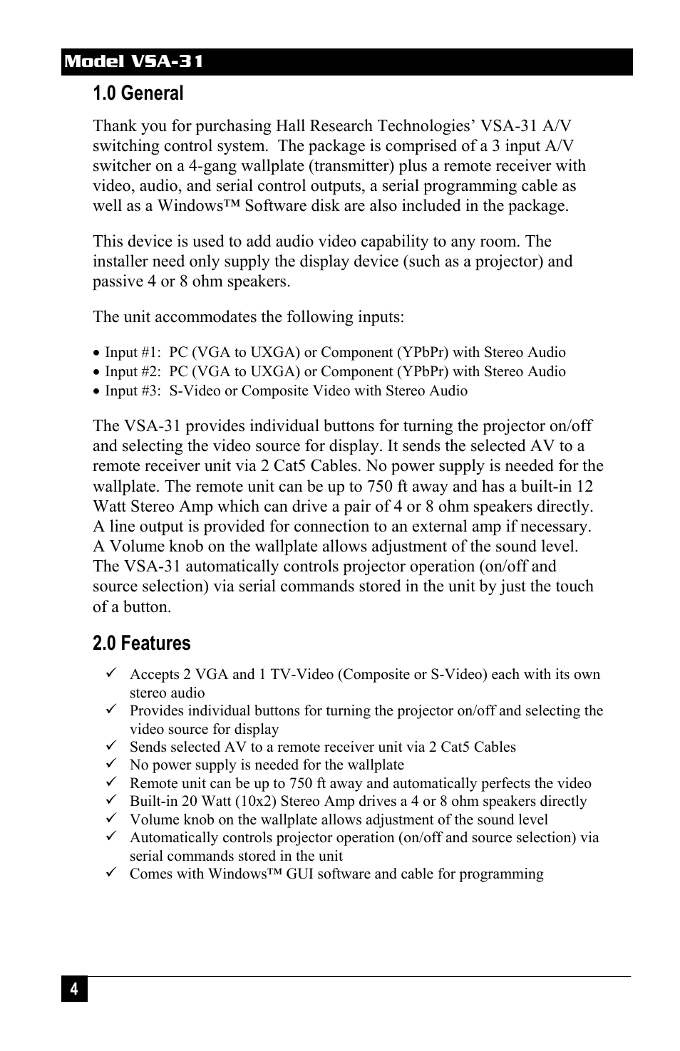 0 general, 0 features | Hall Research VSA-31 User Manual | Page 4 / 16