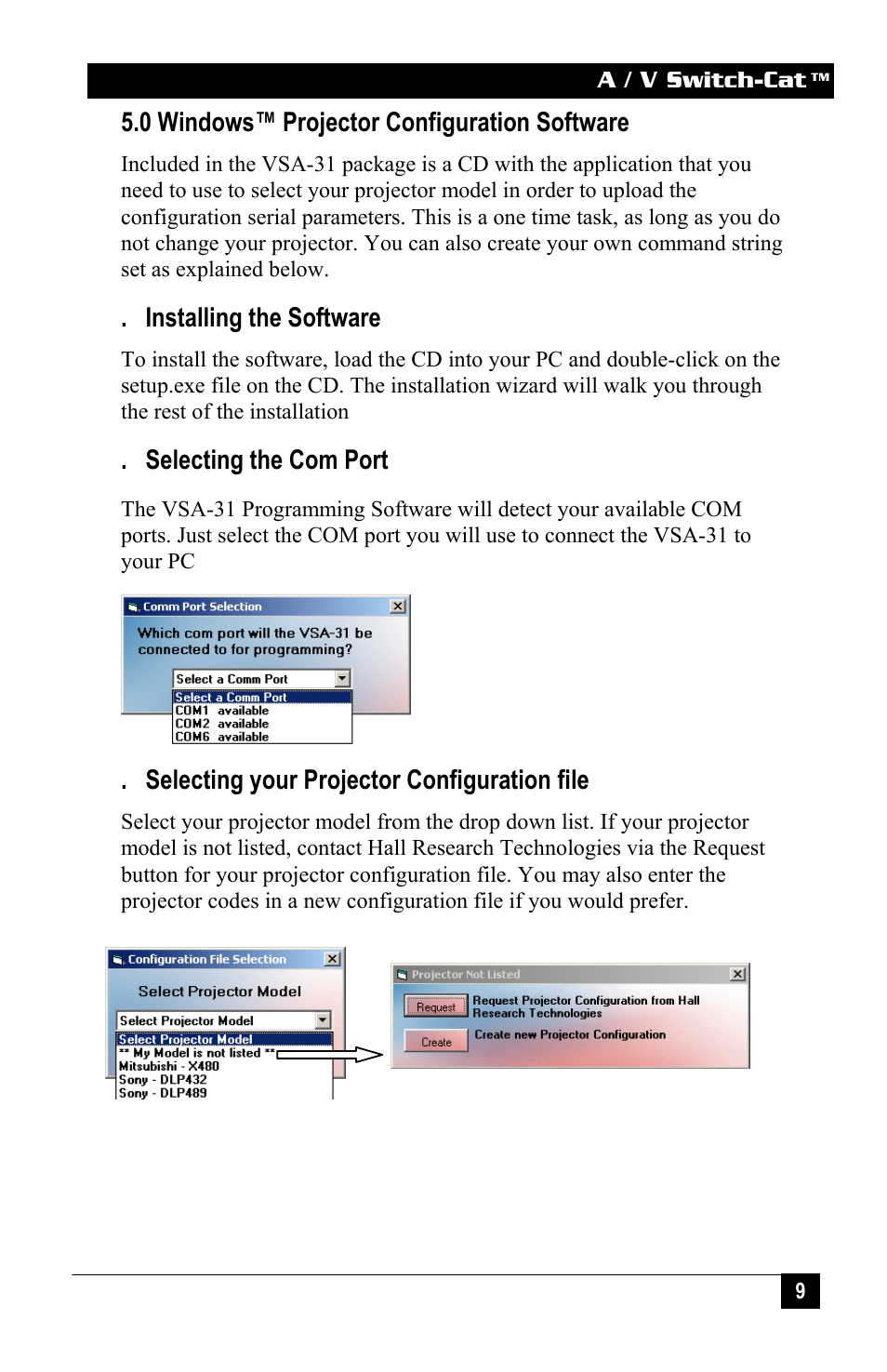 0 windows™ projector configuration software, Installing the software, Selecting the com port | Selecting your projector configuration file | Hall Research VSA-31 User Manual | Page 9 / 16