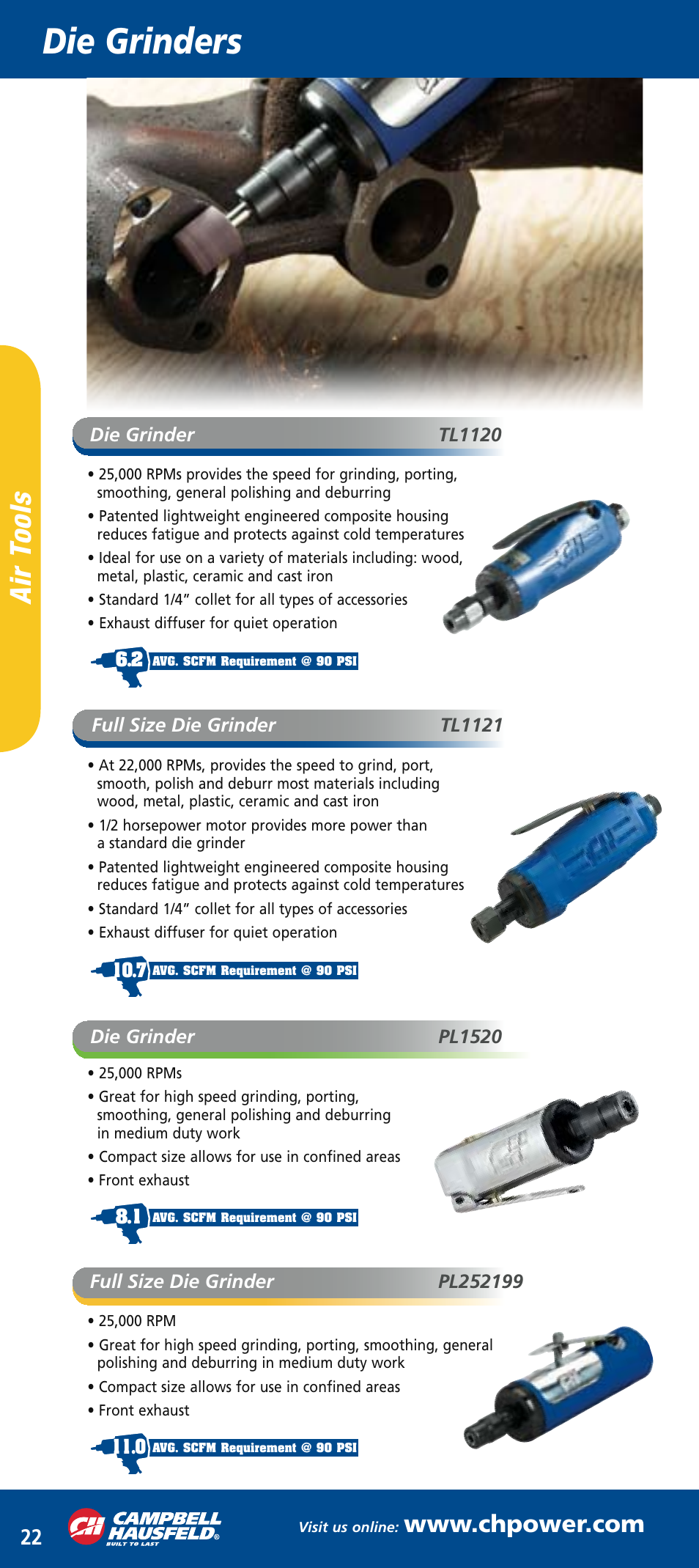 Ch mini catalog_mar2006 24.pdf, Die grinders, Ai r to ol s | Campbell Hausfeld PL150296 User Manual | Page 5 / 12