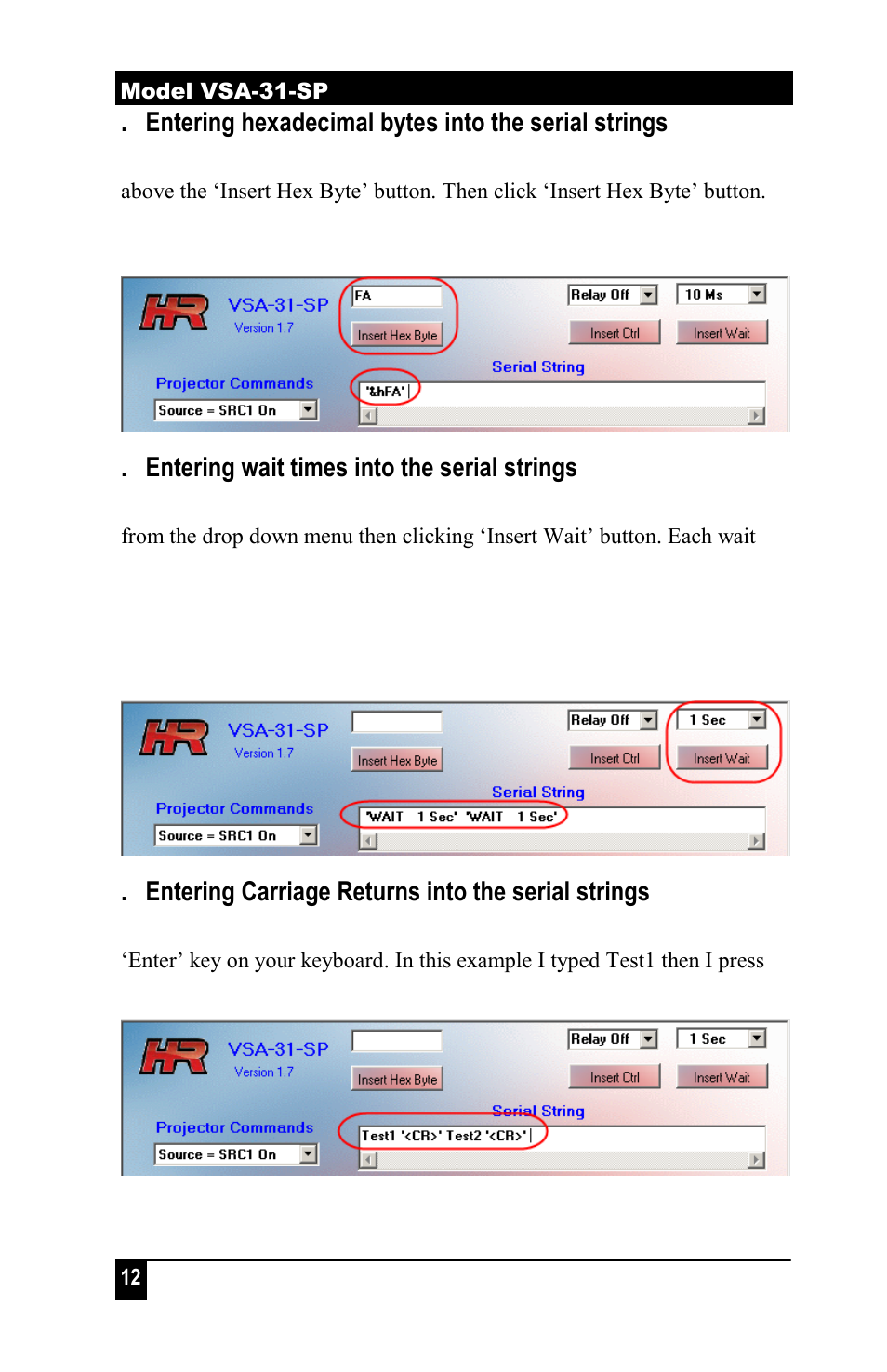 Entering hexadecimal bytes into the serial strings, Entering wait times into the serial strings, Entering carriage returns into the serial strings | Hall Research VSA-31-SP-W User Manual | Page 14 / 22