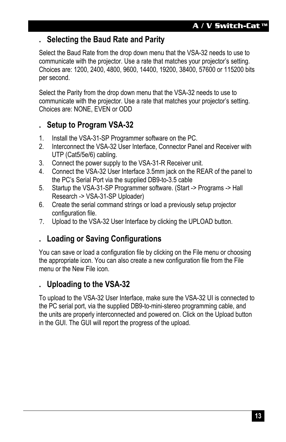 Selecting the baud rate and parity, Setup to program vsa-32, Loading or saving configurations | Uploading to the vsa-32 | Hall Research VSA-32 User Manual | Page 15 / 20