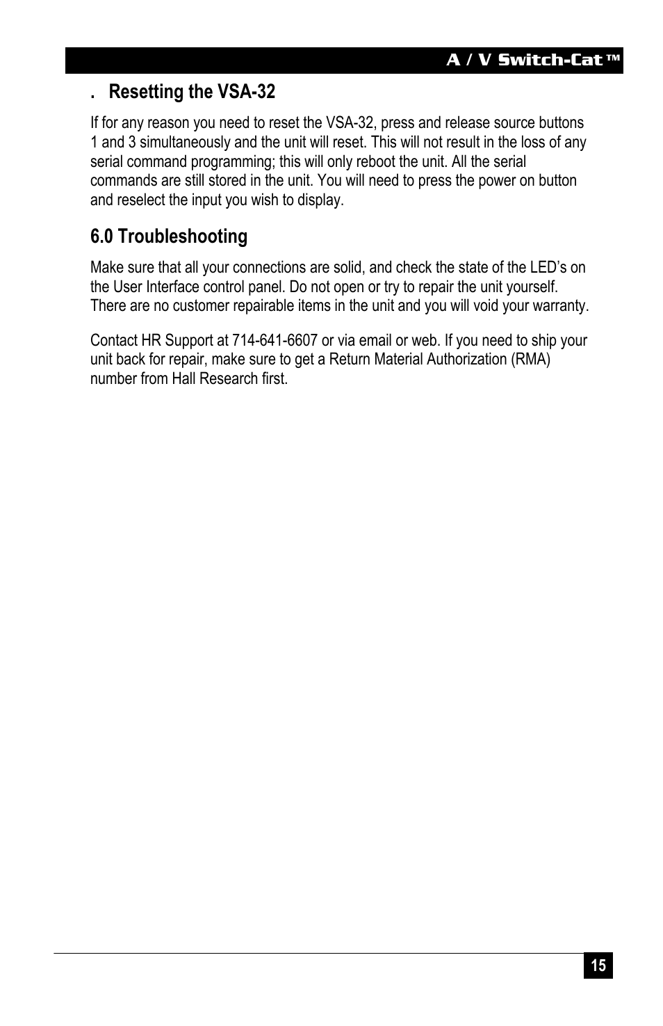 Resetting the vsa-32, 0 troubleshooting | Hall Research VSA-32 User Manual | Page 17 / 20