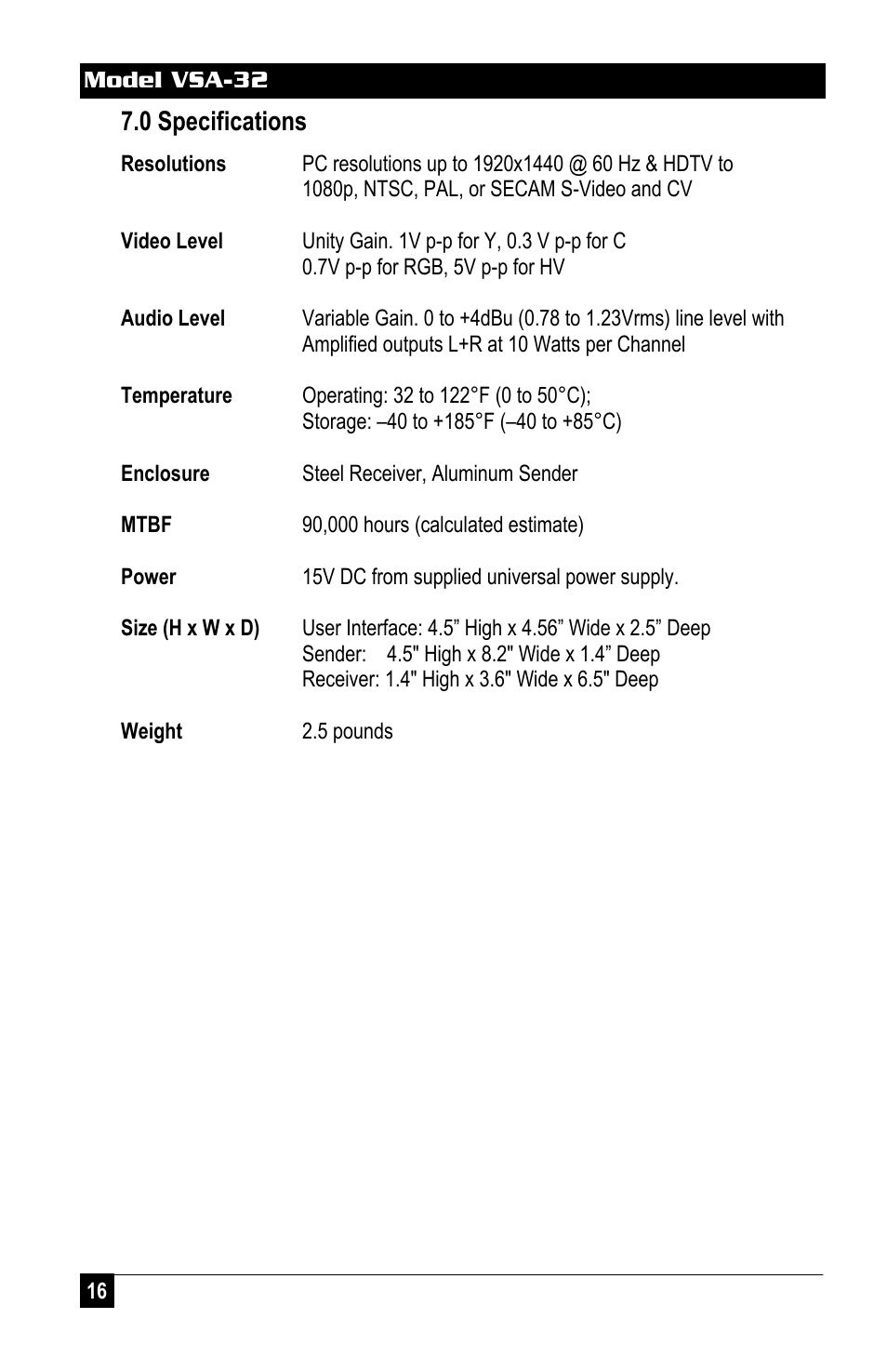 0 specifications | Hall Research VSA-32 User Manual | Page 18 / 20