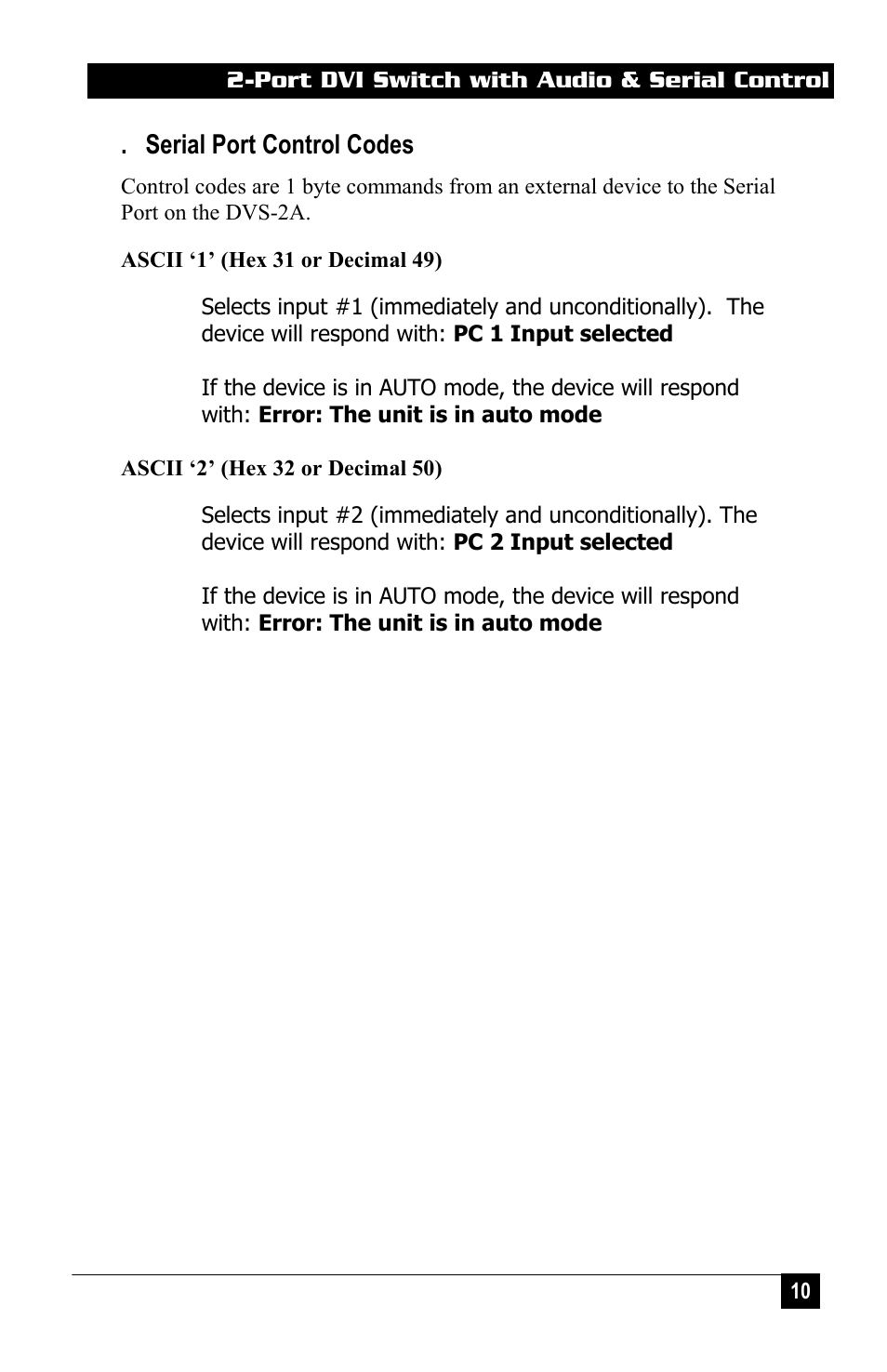 Serial port control codes | Hall Research DVS-2A User Manual | Page 12 / 20