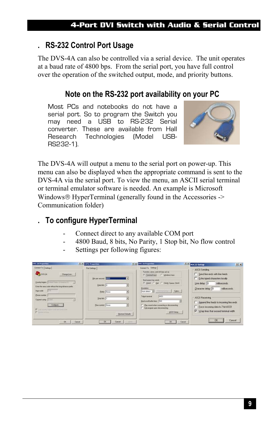 Rs-232 control port usage | Hall Research DVS-4A User Manual | Page 11 / 24