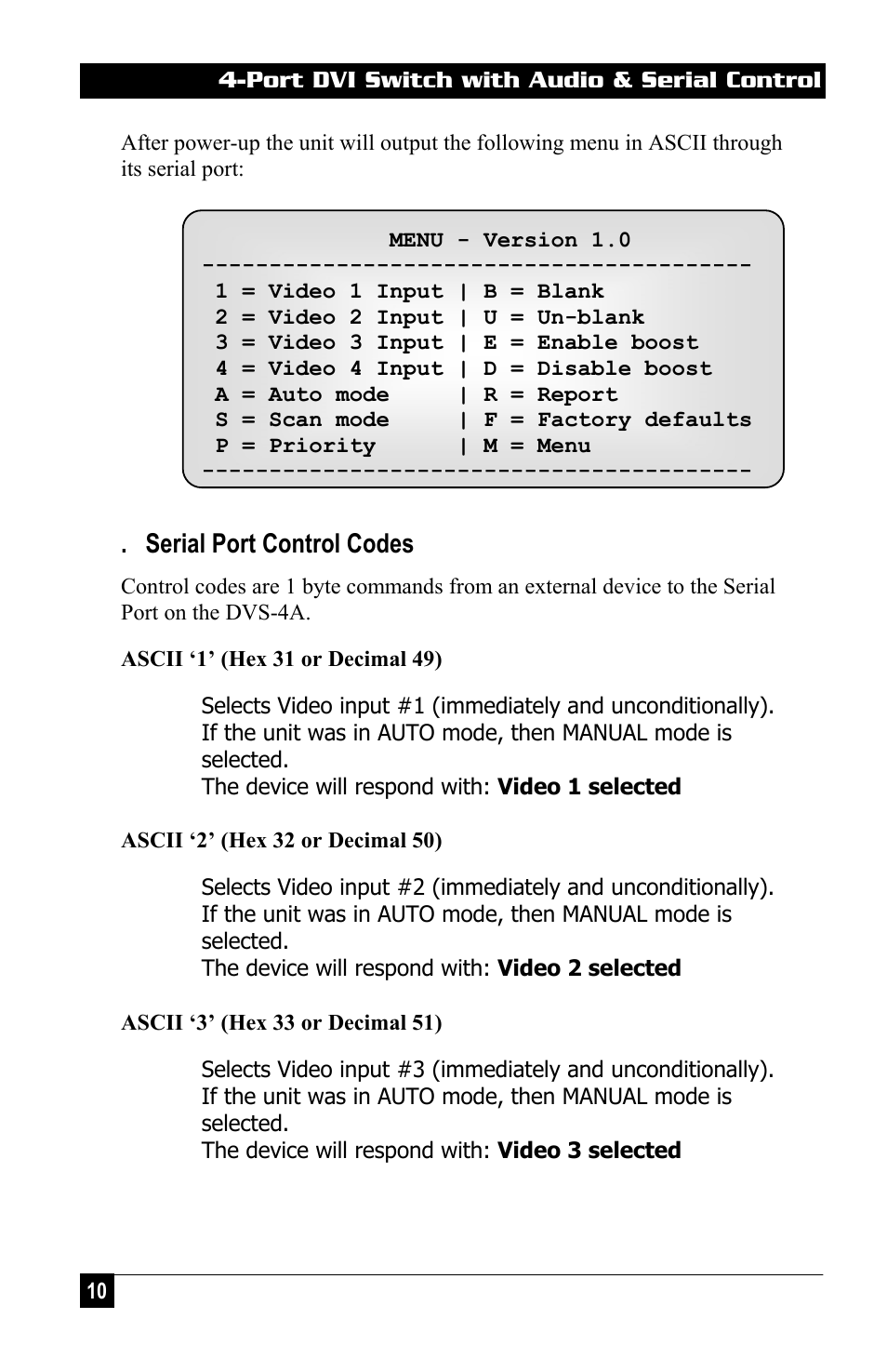Serial port control codes | Hall Research DVS-4A User Manual | Page 12 / 24