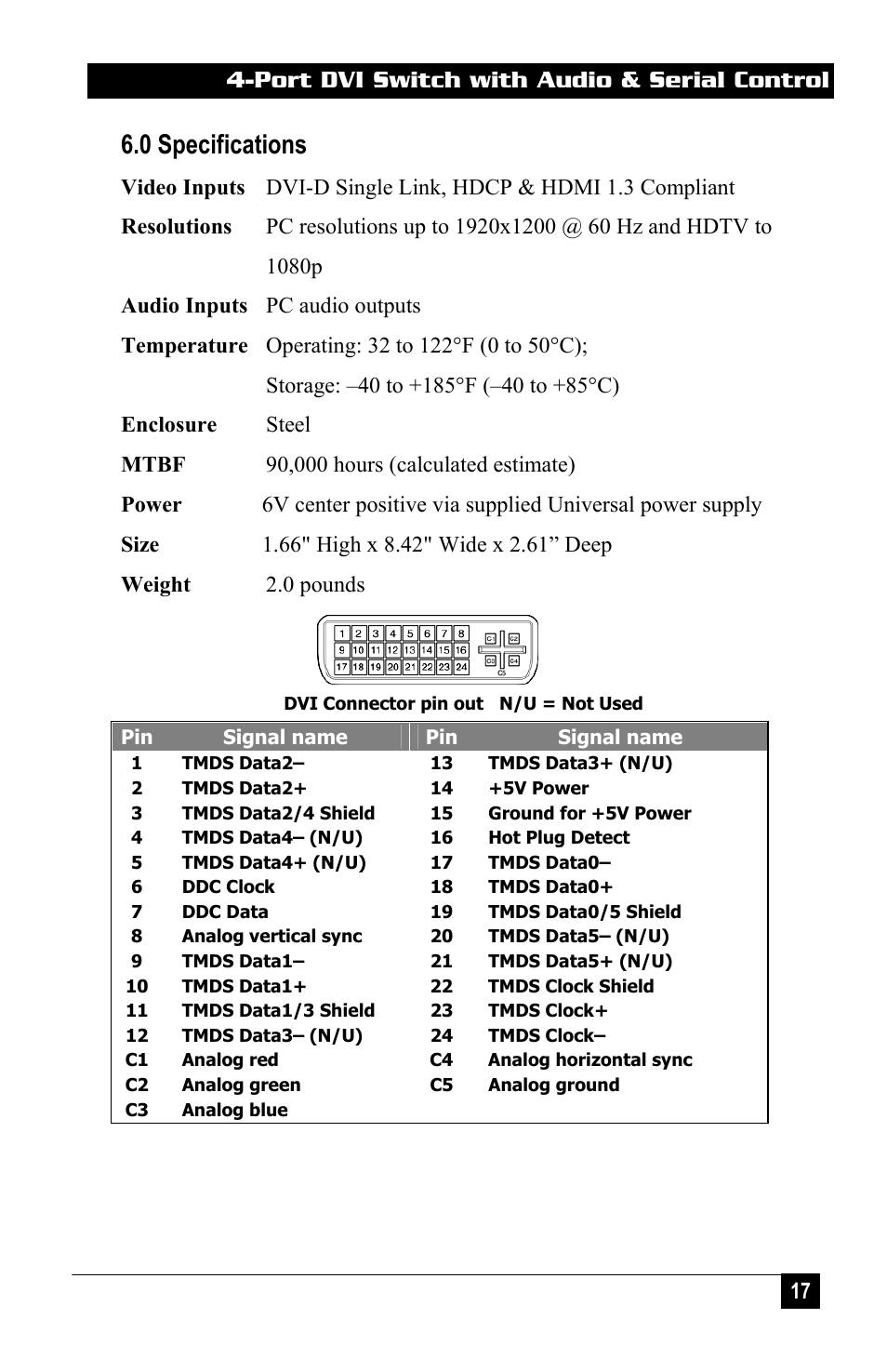 0 specifications, Port dvi switch with audio & serial control 17 | Hall Research DVS-4A User Manual | Page 19 / 24