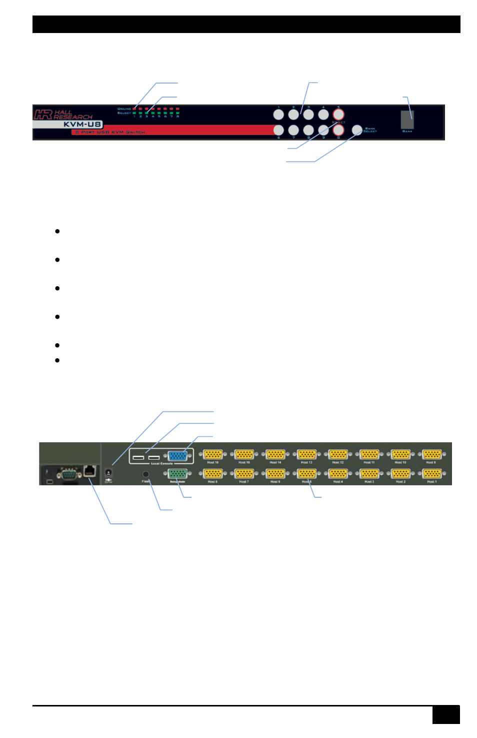 4 front panel, 5 rear panel, 6 installation | Ront, Anel, Nstallation | Hall Research KVM-U8 User Manual | Page 7 / 24